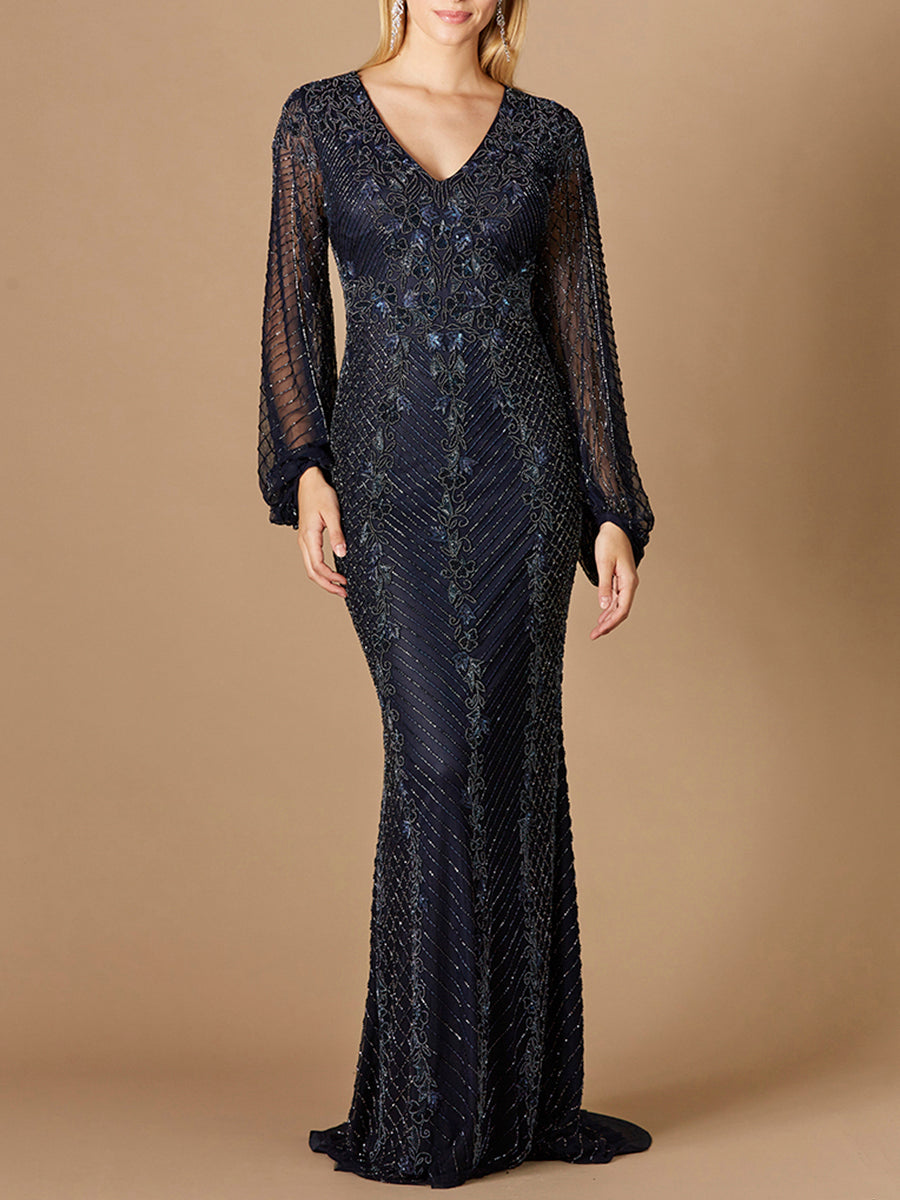 Long Sleeve Beaded Gown 29338