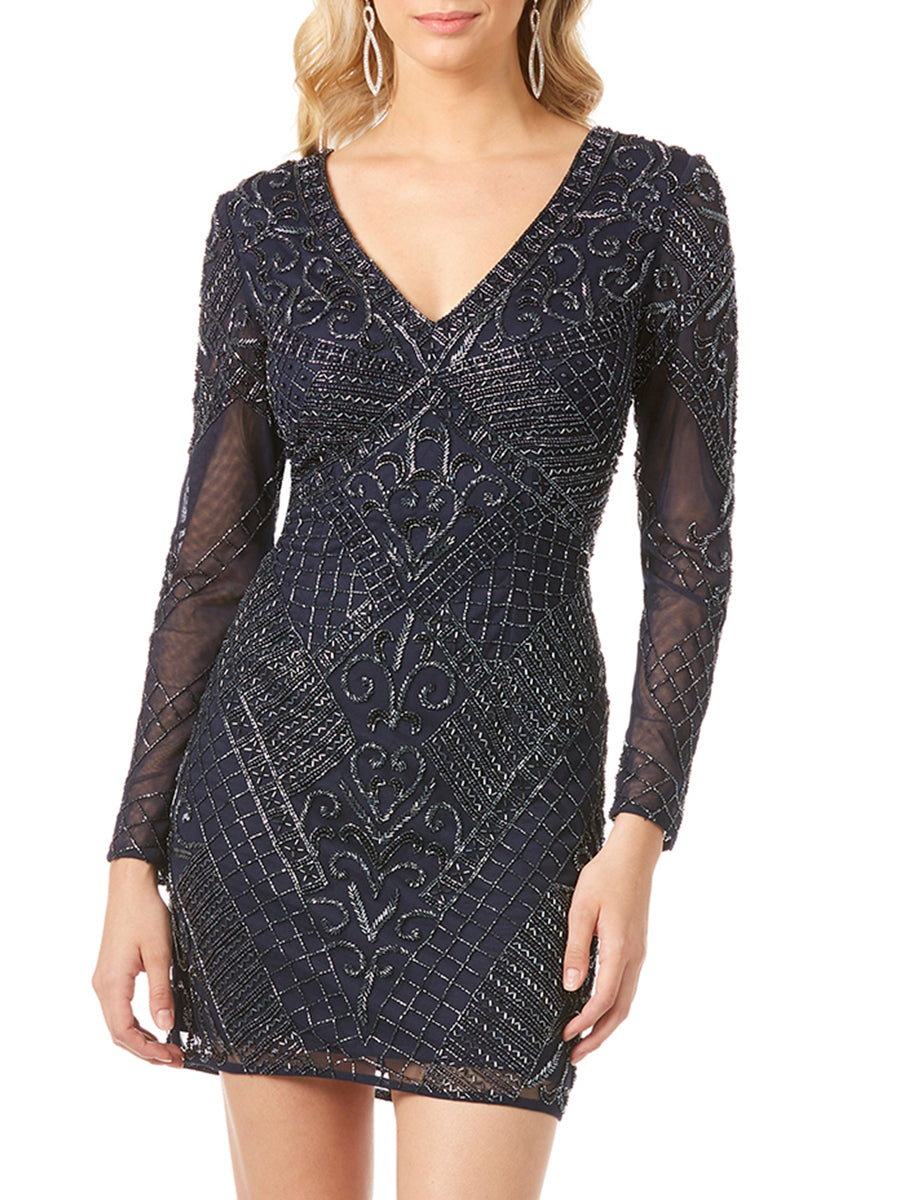 Long Sleeve V-Neck Beaded Cocktail Dress in Navy 29344