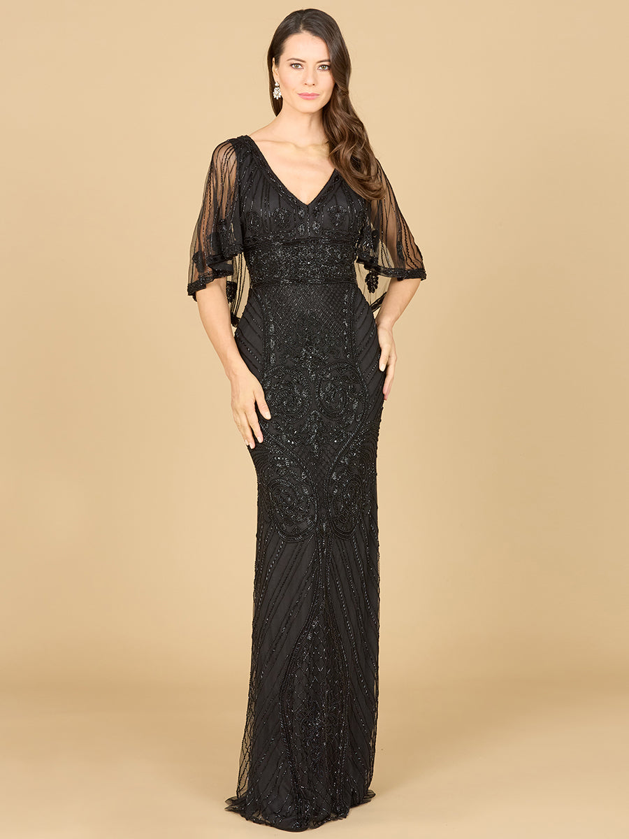 Cape Sleeve V-Neck Beaded Gown 29356