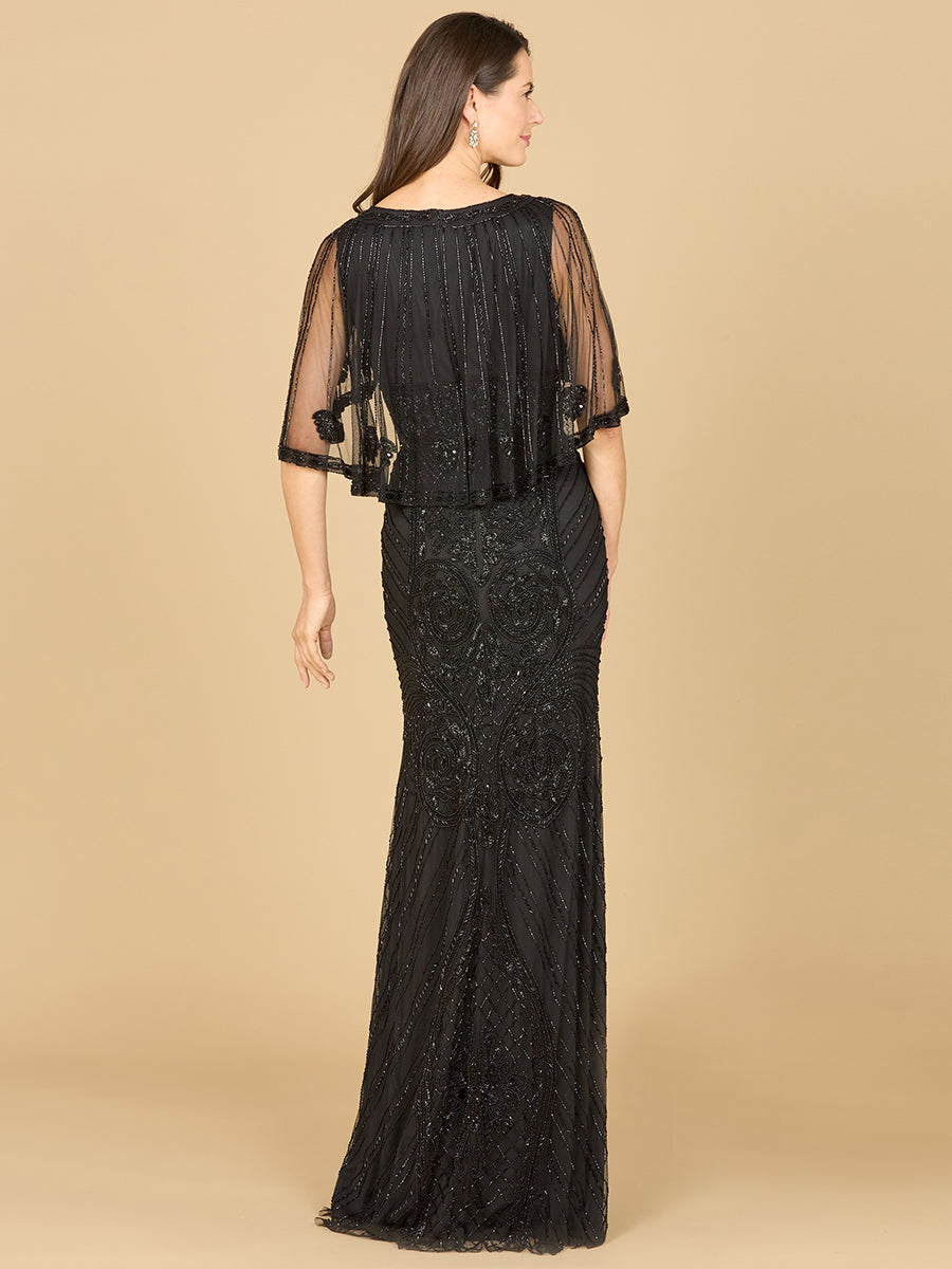 Cape Sleeve V-Neck Beaded Gown 29356