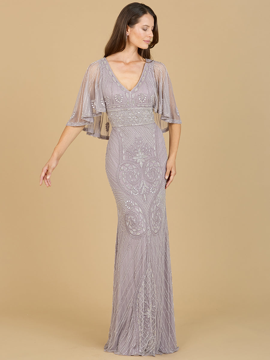 Cape Sleeve V-Neck Beaded Gown 29356