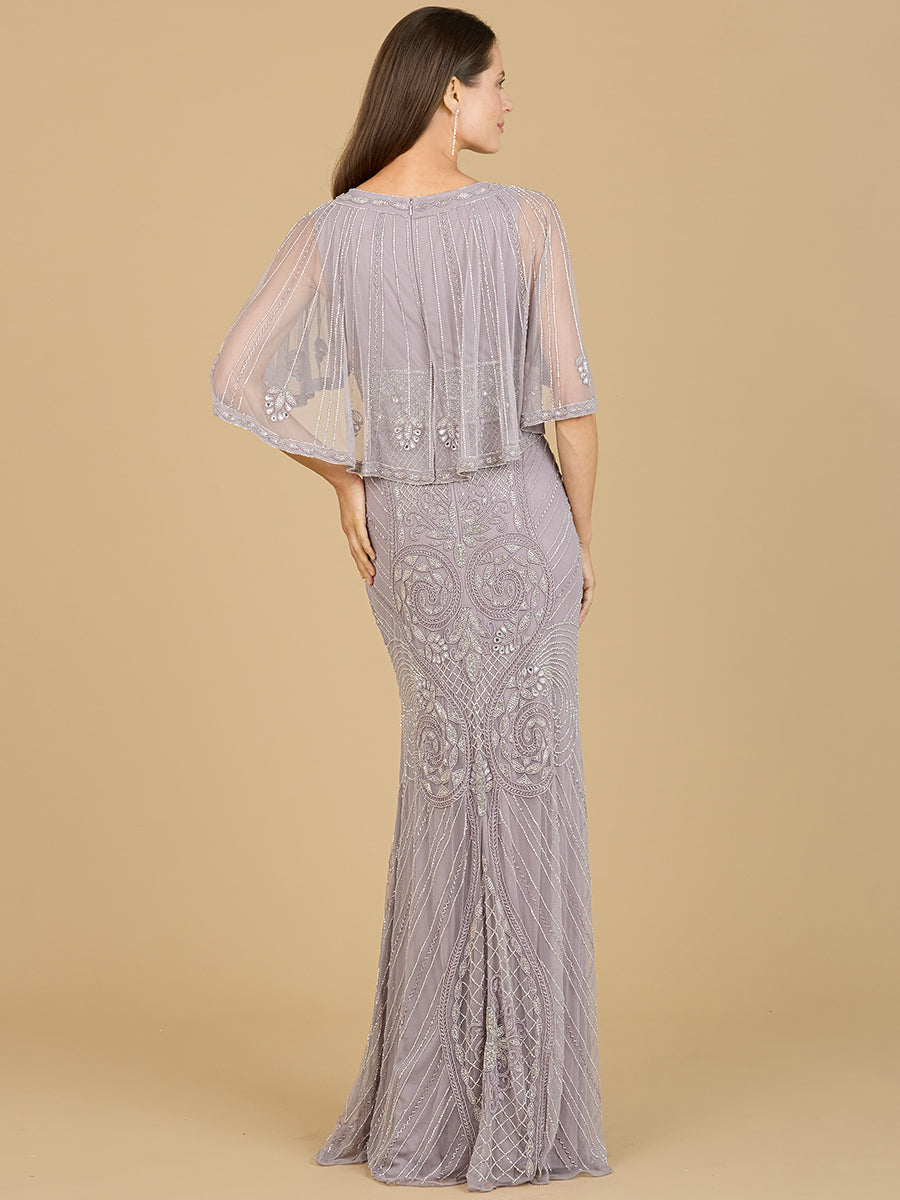 Cape Sleeve V-Neck Beaded Gown 29356