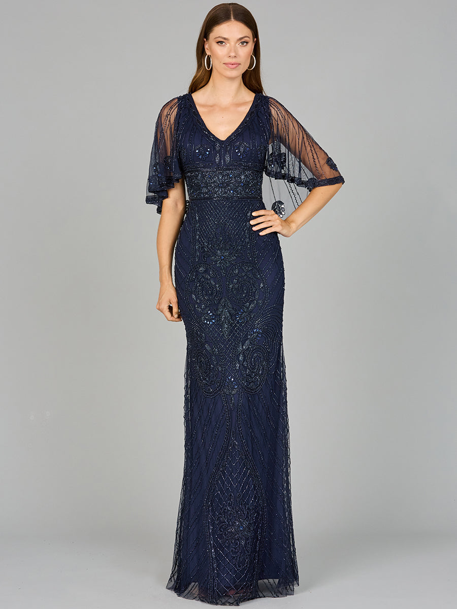 Cape Sleeve V-Neck Beaded Gown 29356