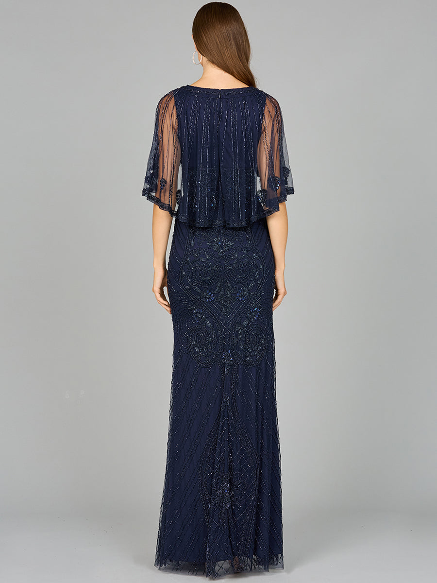 Cape Sleeve V-Neck Beaded Gown 29356