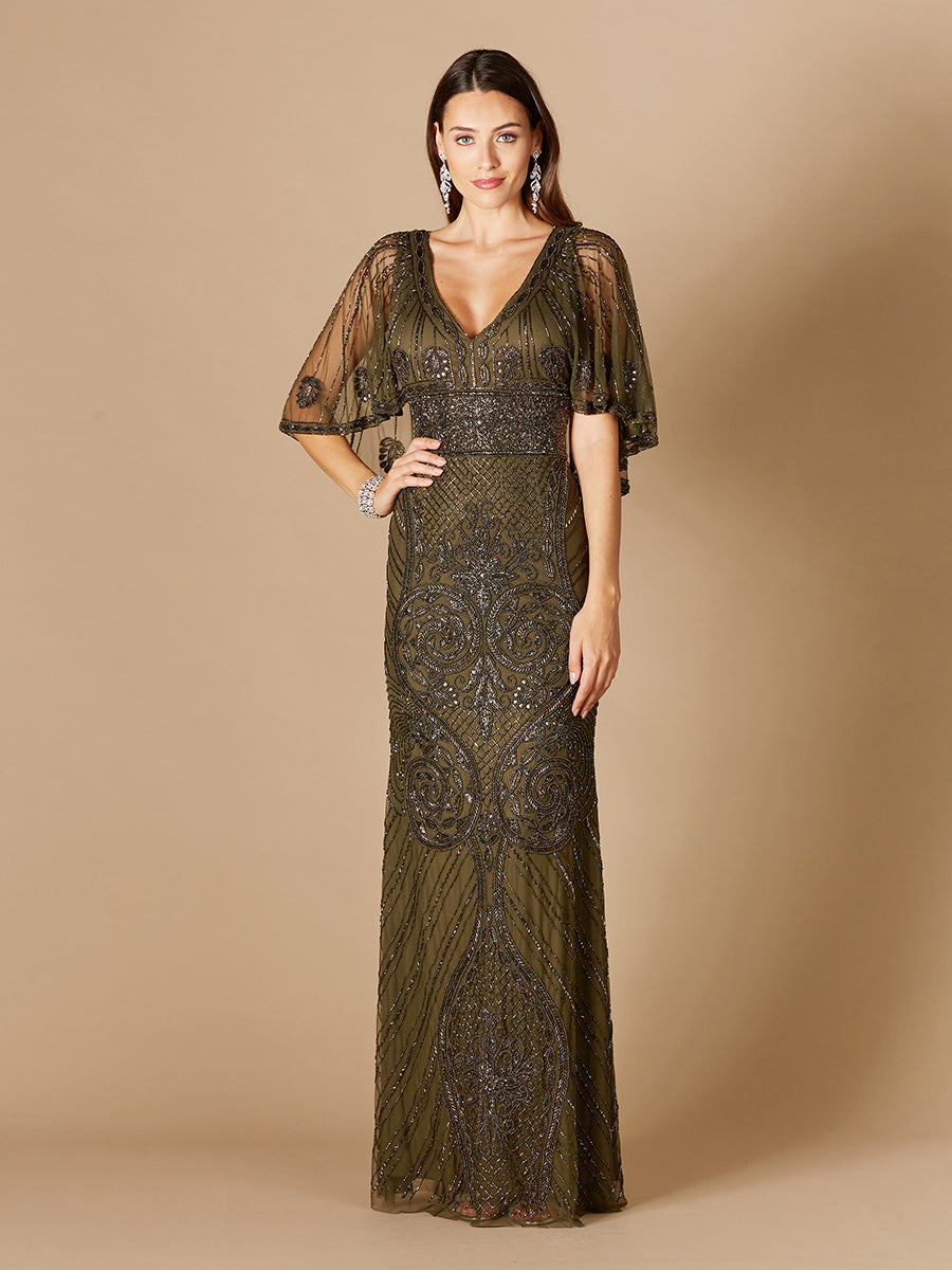 Cape Sleeve V-Neck Beaded Gown 29356