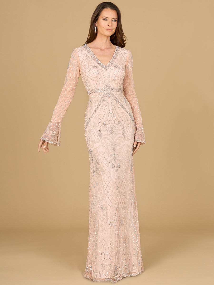 Long Bell Sleeve V-Neck Beaded Gown 29358