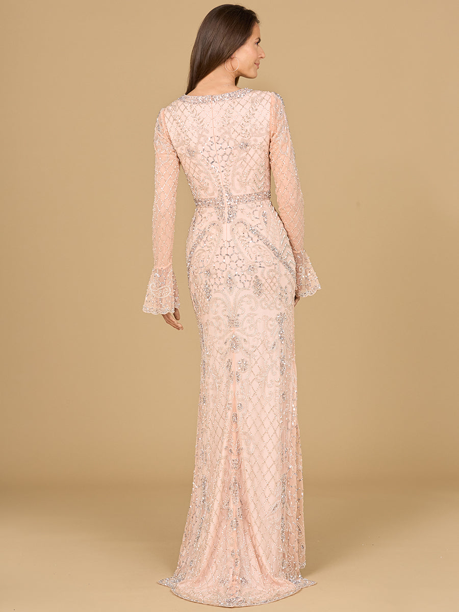 Long Bell Sleeve V-Neck Beaded Gown 29358