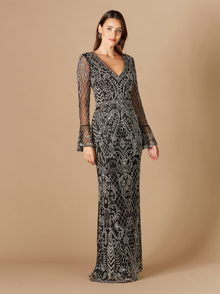 Long Bell Sleeve V-Neck Beaded Gown 29358