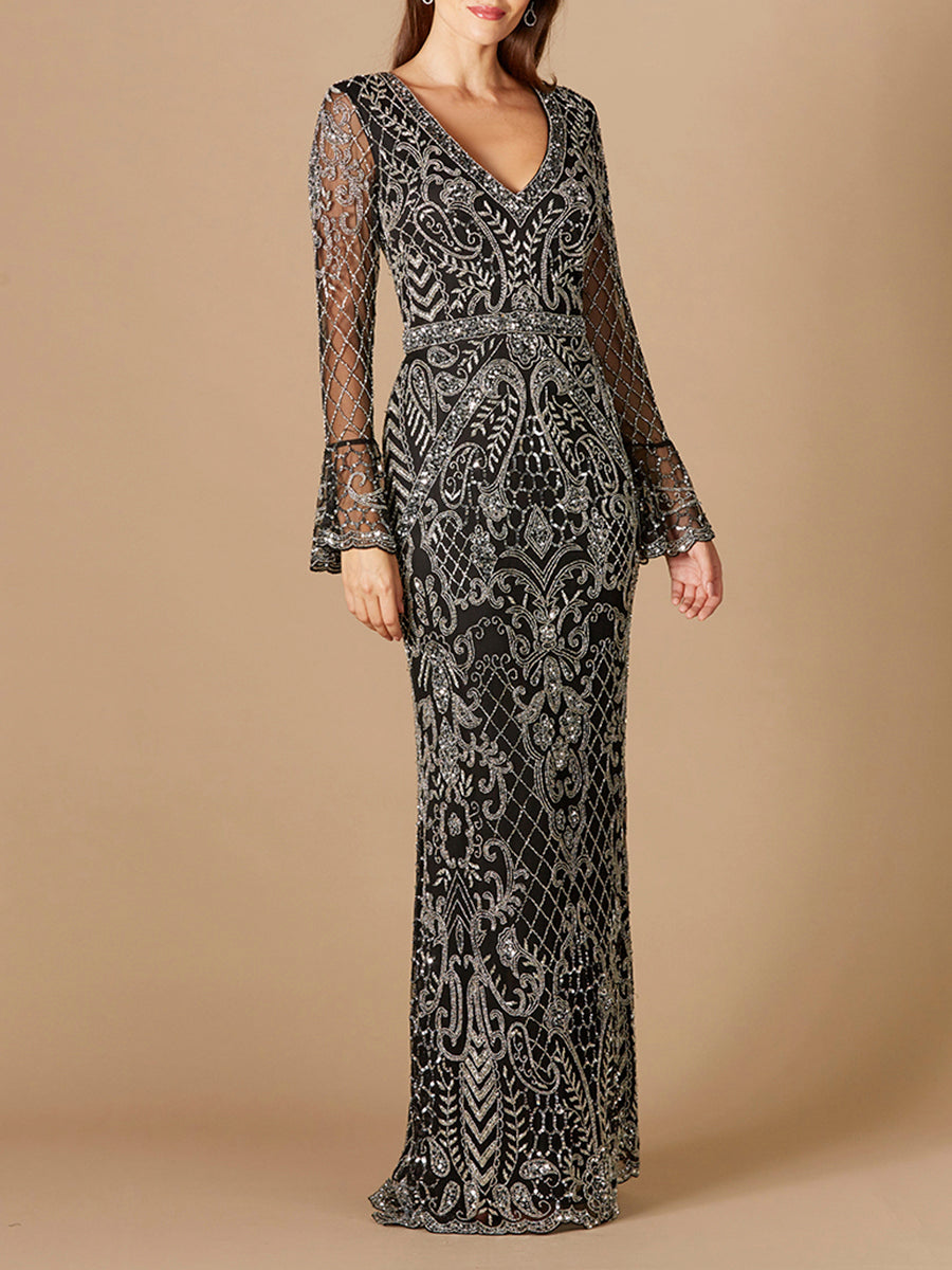 Long Bell Sleeve V-Neck Beaded Gown 29358