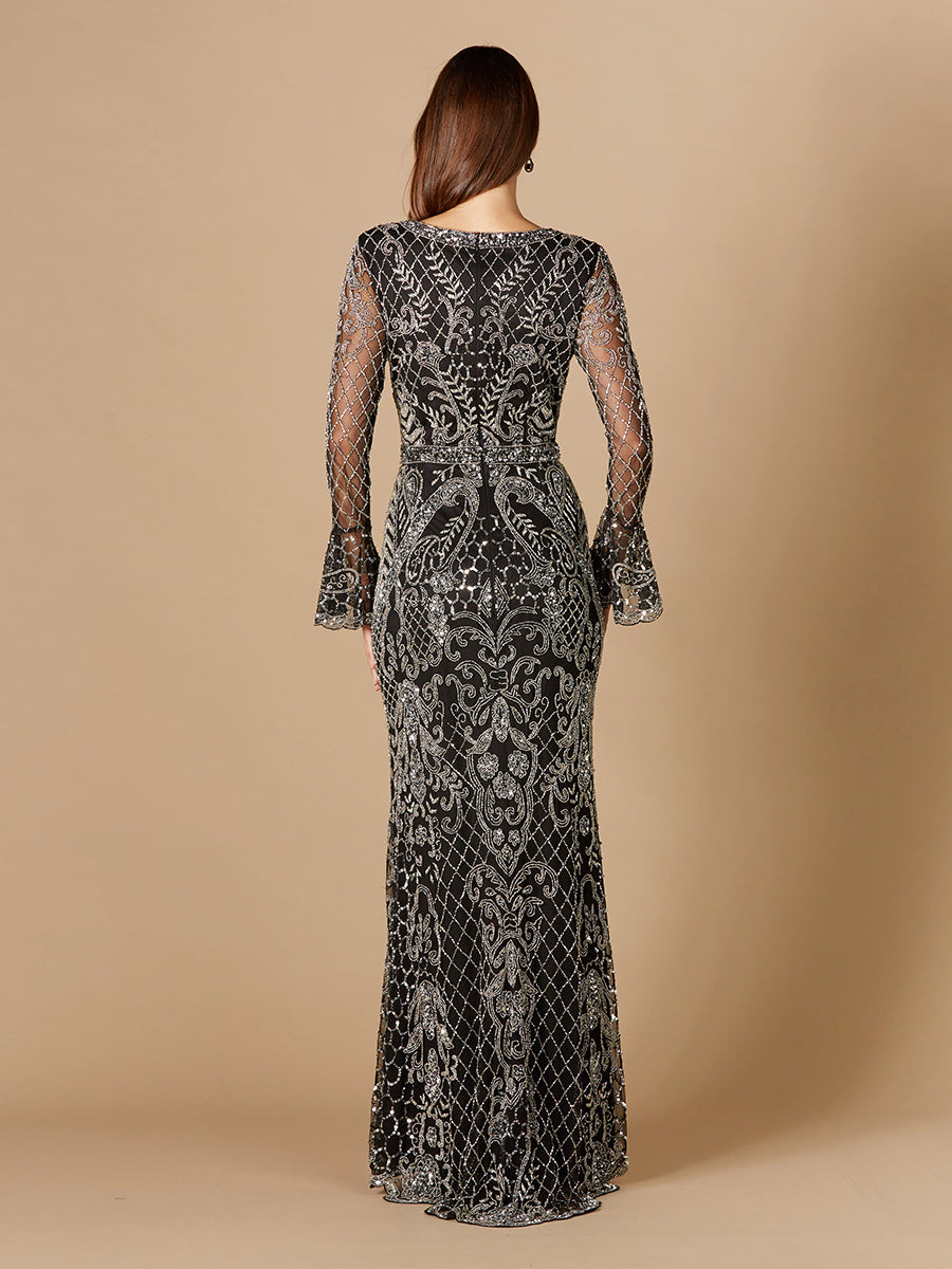 Long Bell Sleeve V-Neck Beaded Gown 29358