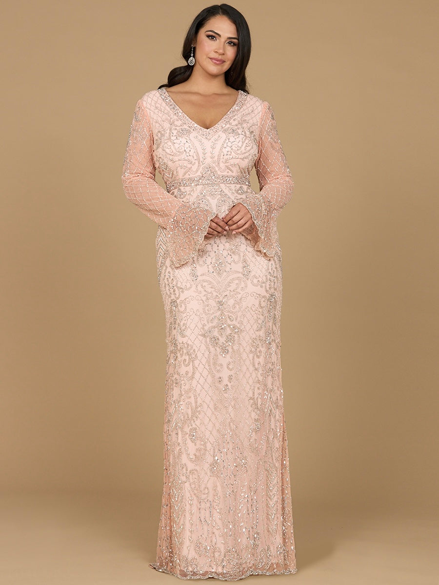 Long Bell Sleeve V-Neck Beaded Gown 29358