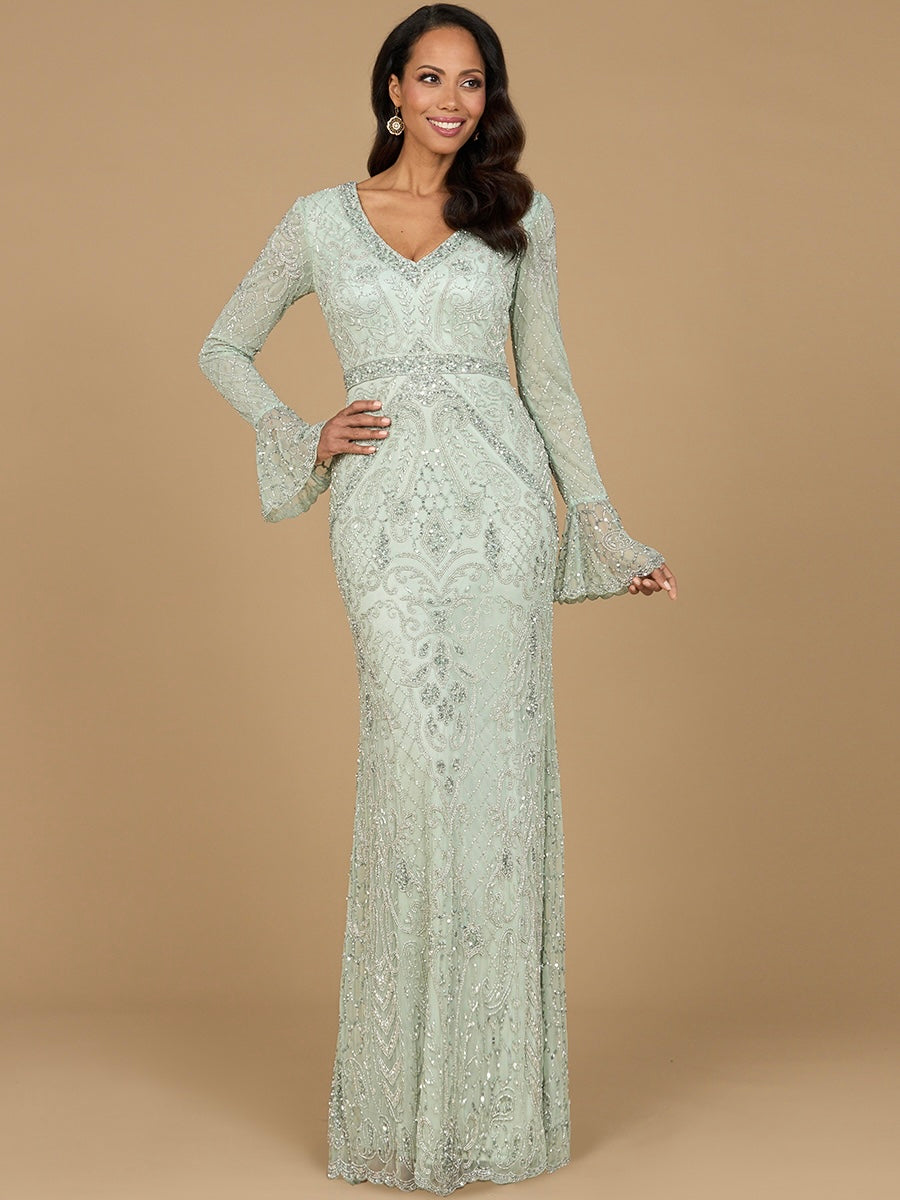 Long Bell Sleeve V-Neck Beaded Gown 29358