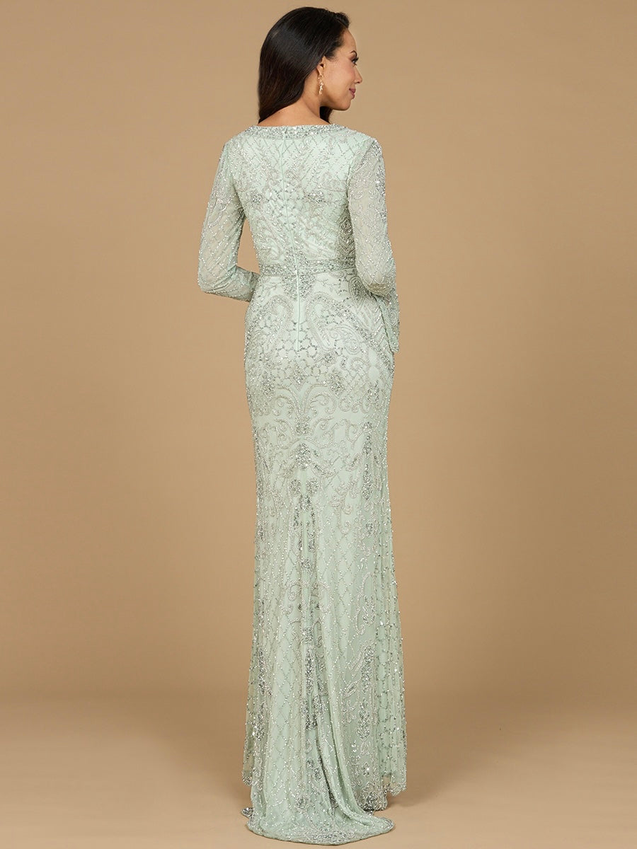 Long Bell Sleeve V-Neck Beaded Gown 29358