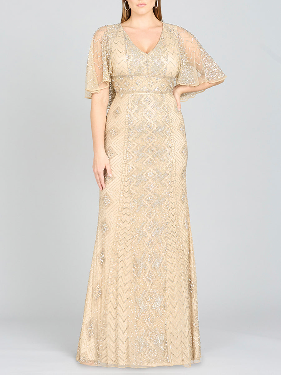 Lara 29397 - Cape Sleeve V-Neck Beaded Gown - OUTLET