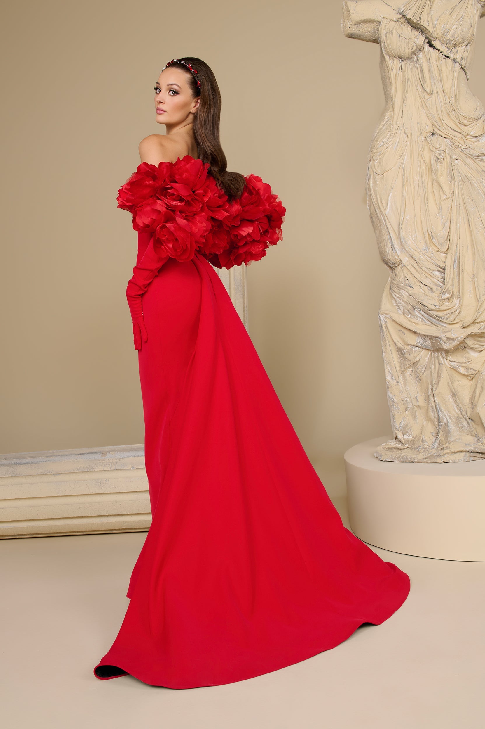 Fouad Sarkis F02944 Scarlet Crepe Organza Ruffle Gown