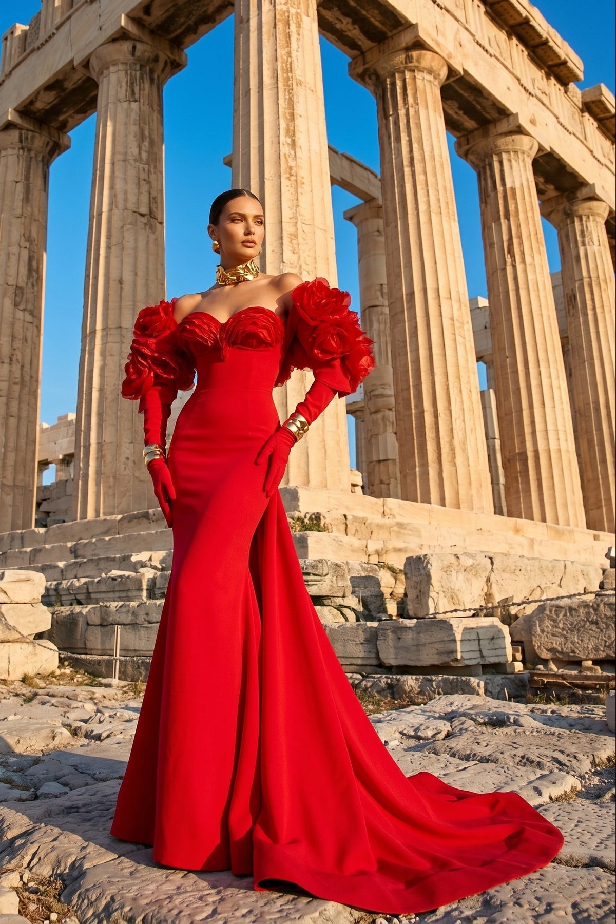 Fouad Sarkis F02944 Organza Ruffle Detachable Bolero Gown