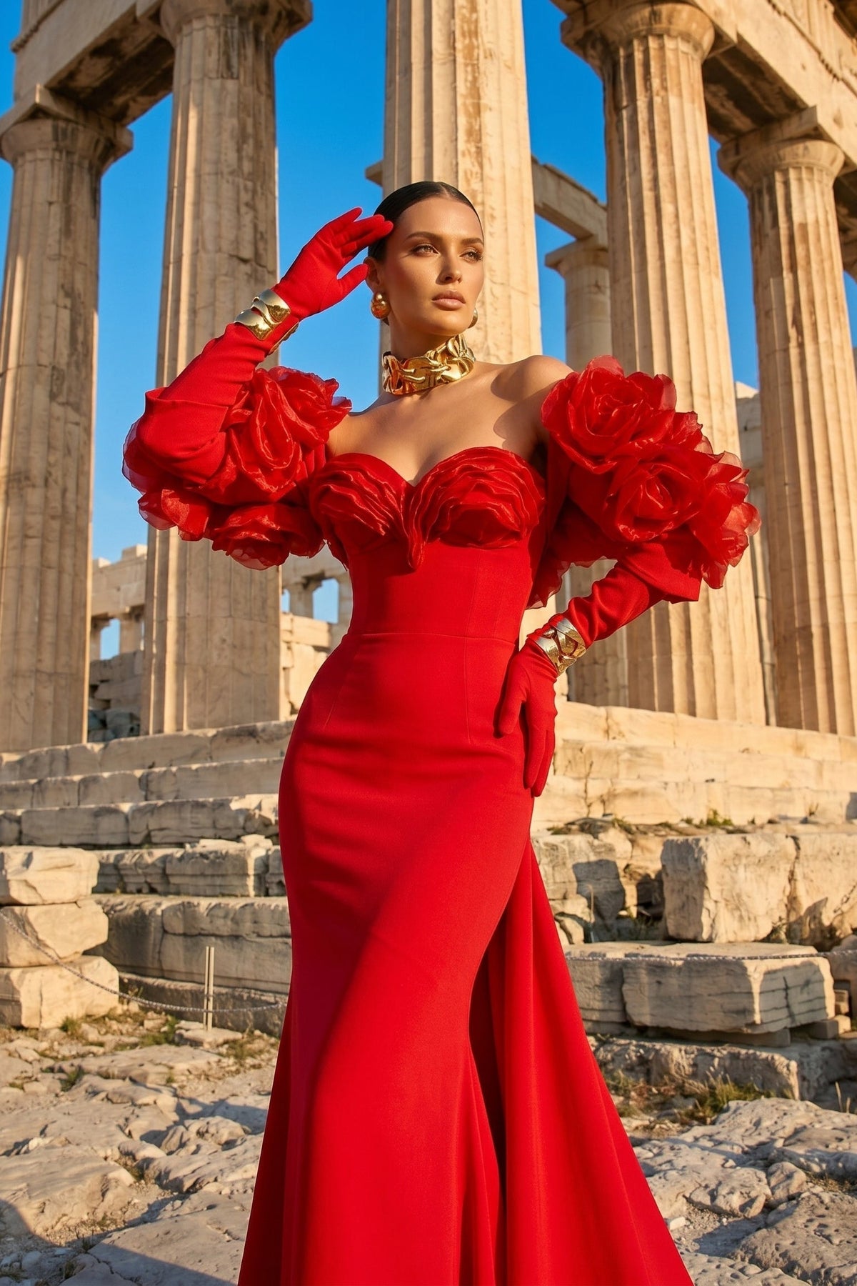 Fouad Sarkis F02944 Organza Ruffle Detachable Bolero Gown