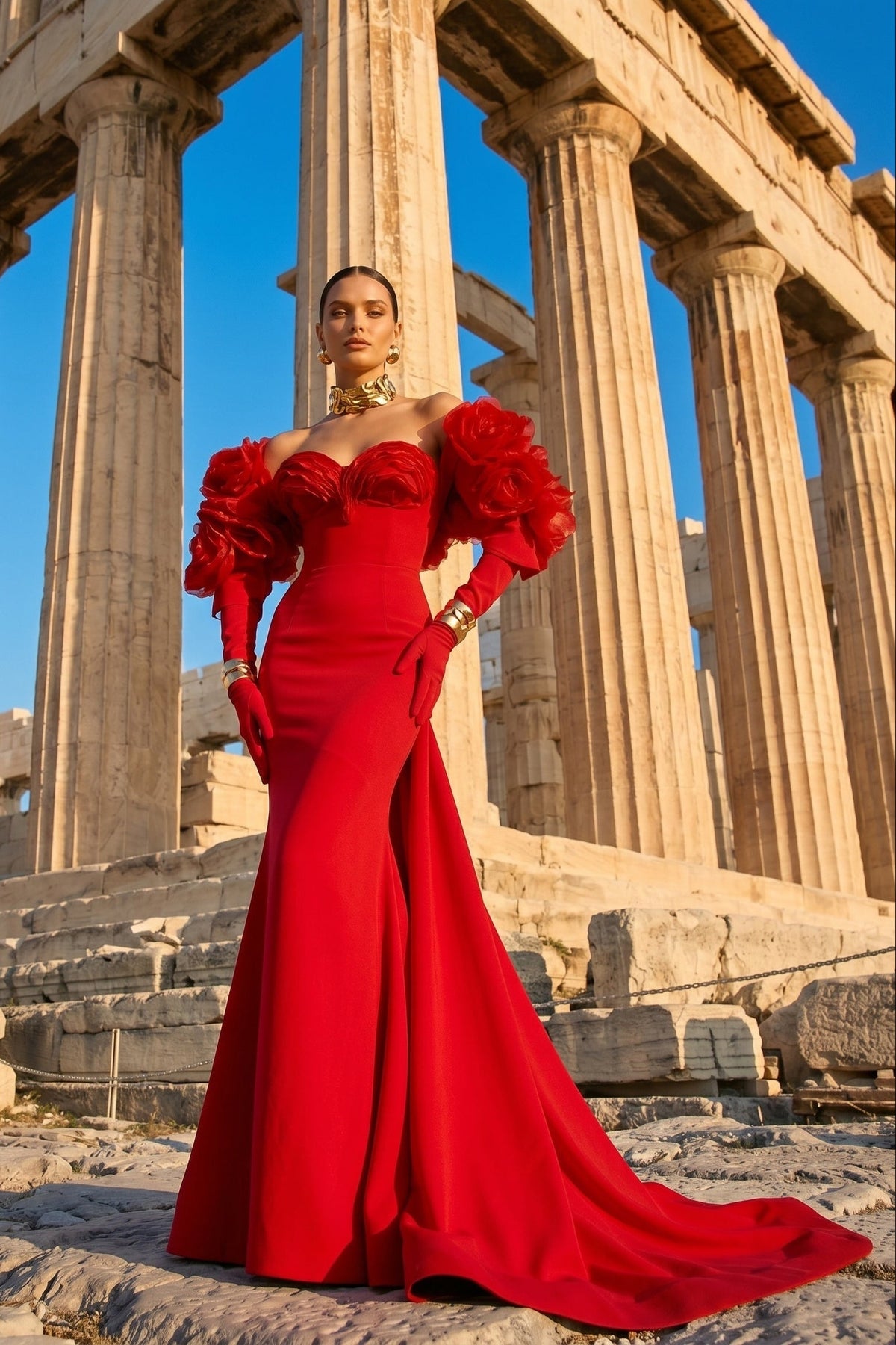 Fouad Sarkis F02944 Organza Ruffle Detachable Bolero Gown