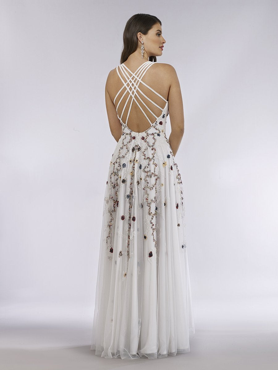 Lara 29544 - Beaded Dress with Open Cross Back and Flowy Skirt