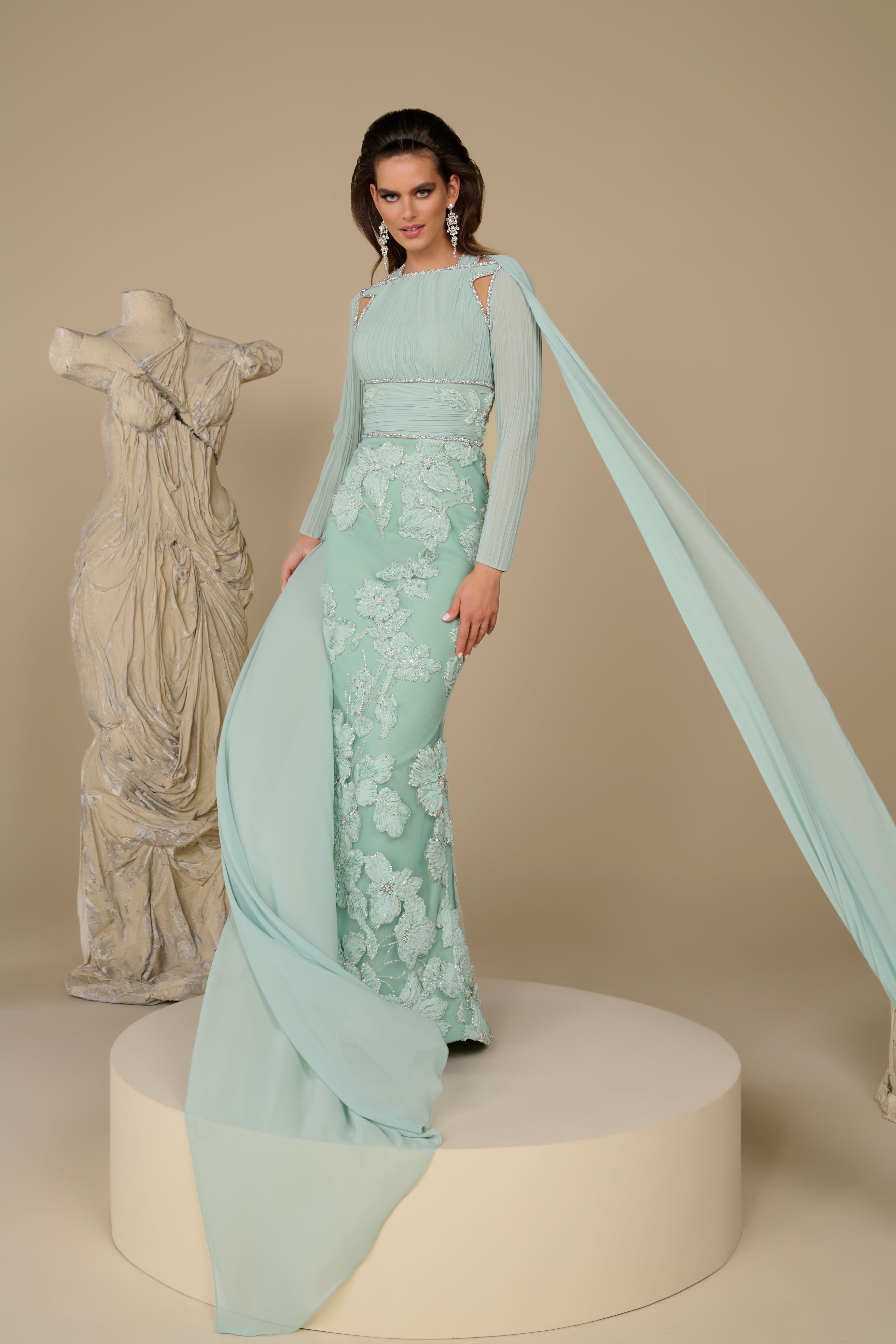 Fouad Sarkis F02962 Mint Floral Embroidered Cape Gown