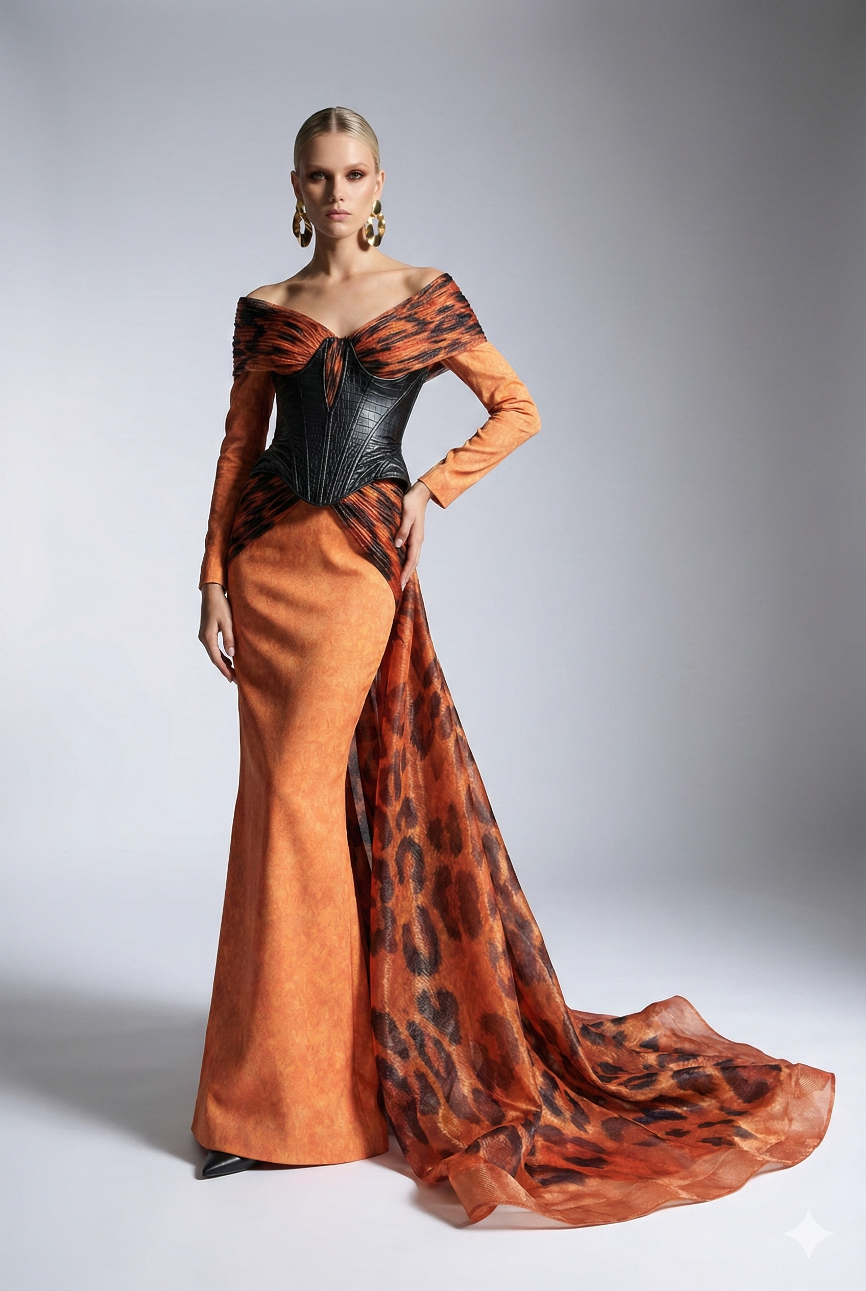 Fouad Sarkis F02972 Orange Animal Print Corset Gown