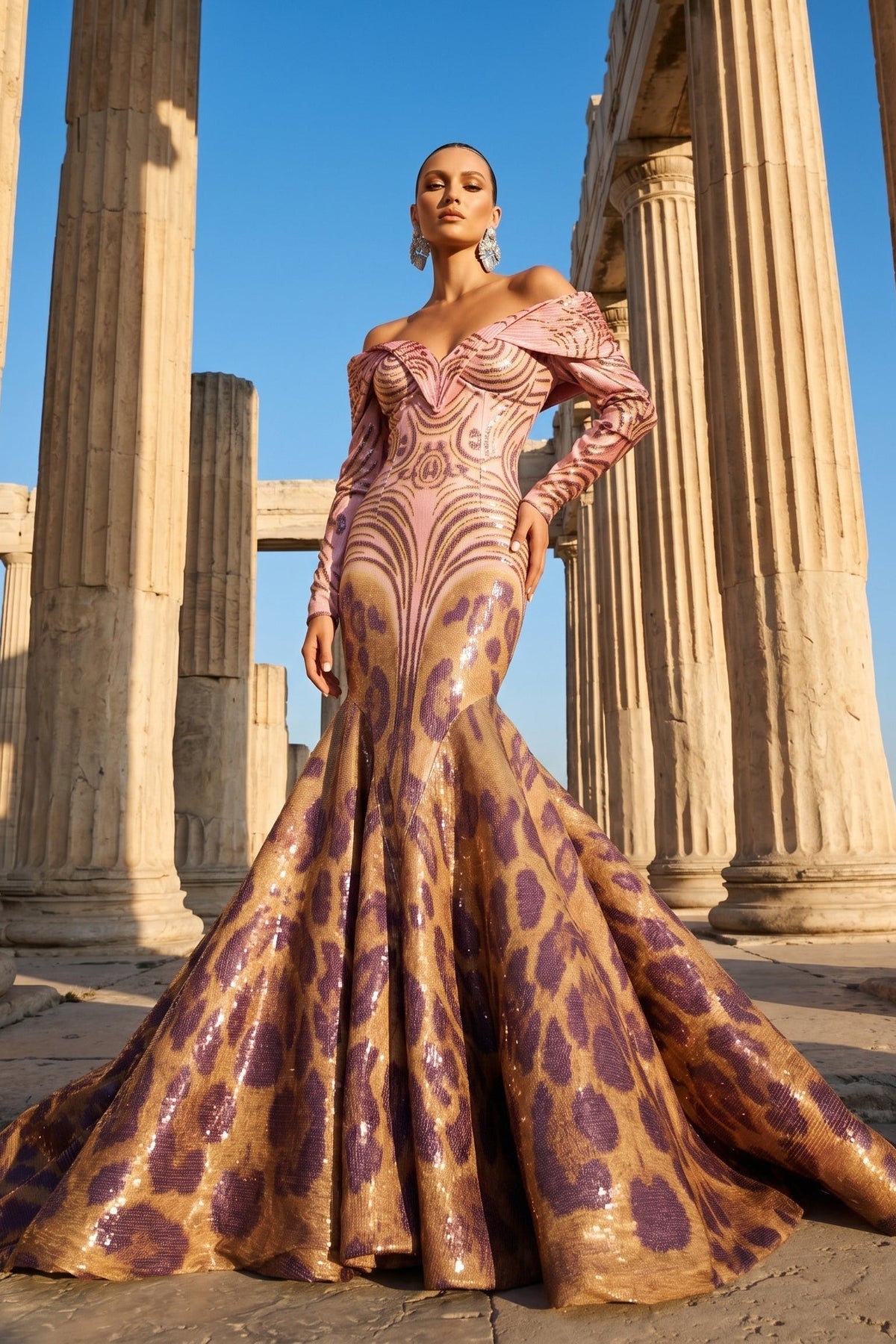 Fouad Sarkis F02973 Pink Gold Leopard Sequin Mermaid Gown with Off-Shoulder Sweetheart Neckline