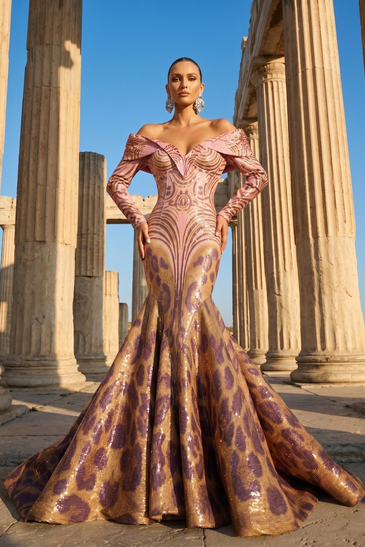 Fouad Sarkis F02973 Pink Gold Leopard Sequin Mermaid Gown with Off-Shoulder Sweetheart Neckline