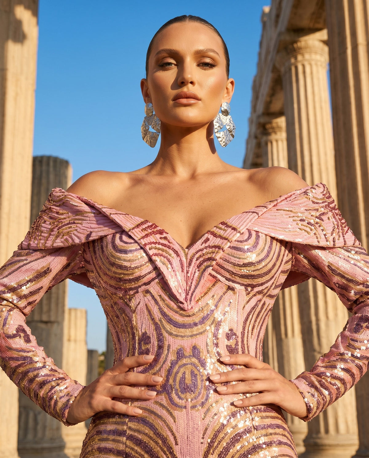 Fouad Sarkis F02973 Pink Gold Leopard Sequin Mermaid Gown with Off-Shoulder Sweetheart Neckline
