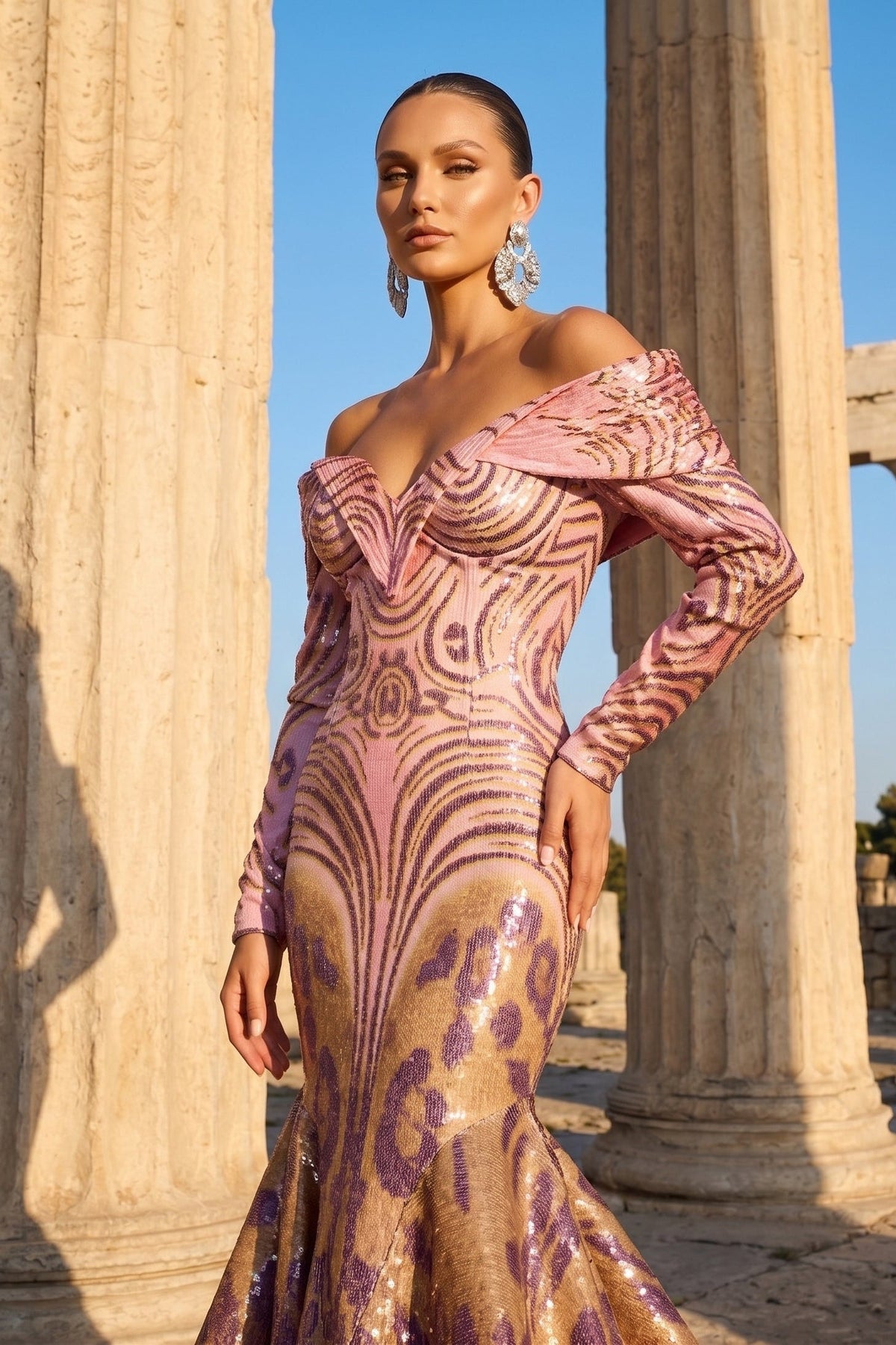 Fouad Sarkis F02973 Pink Gold Leopard Sequin Mermaid Gown with Off-Shoulder Sweetheart Neckline
