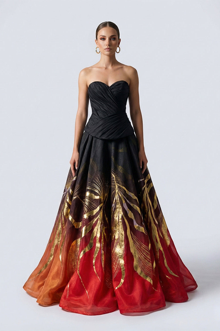 Fouad Sarkis F02975 Red-Black Gradient Organza Gown