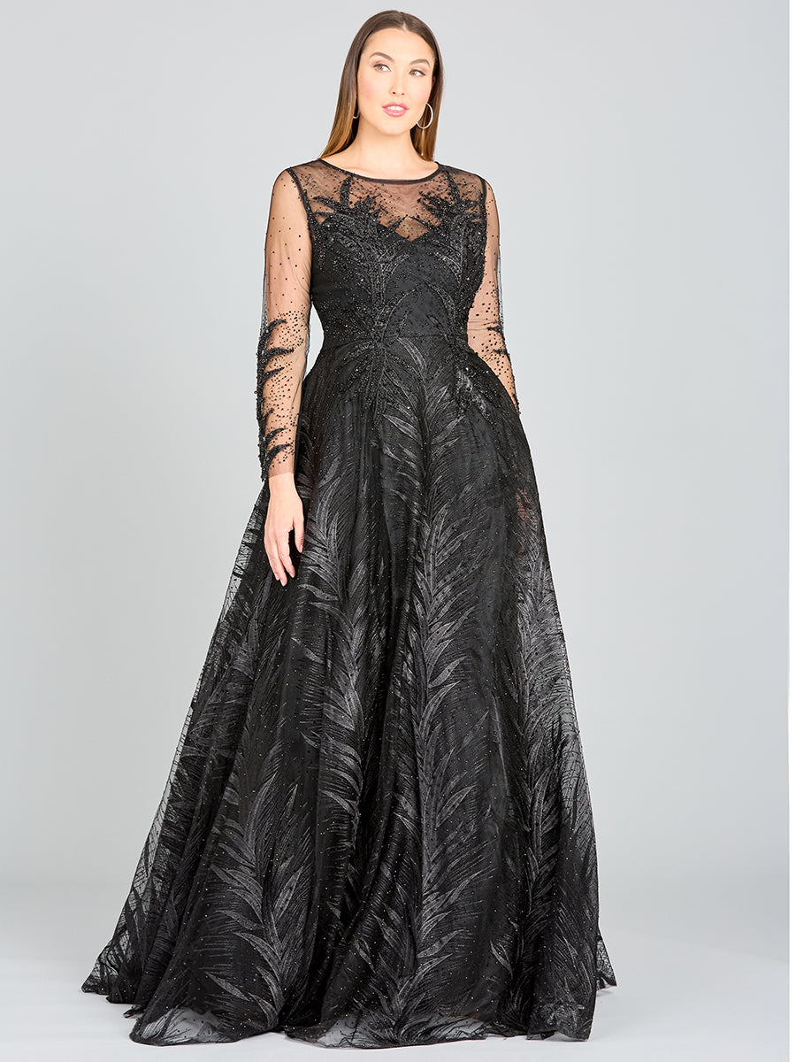 High Neck Sheer Long Sleeve Embellished Gown 29761