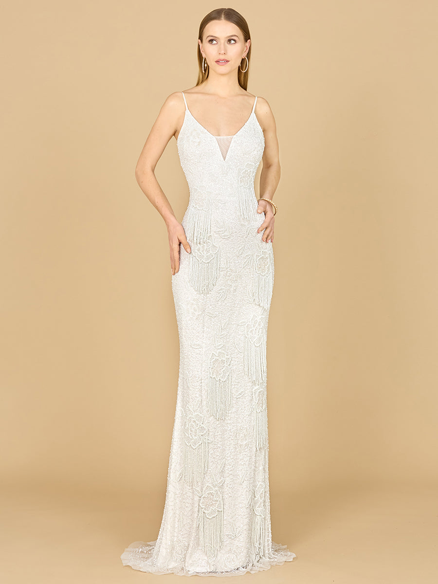 Lara Danika Floral Beaded Sheath Beaded Dress with Beaded Fringe 29892