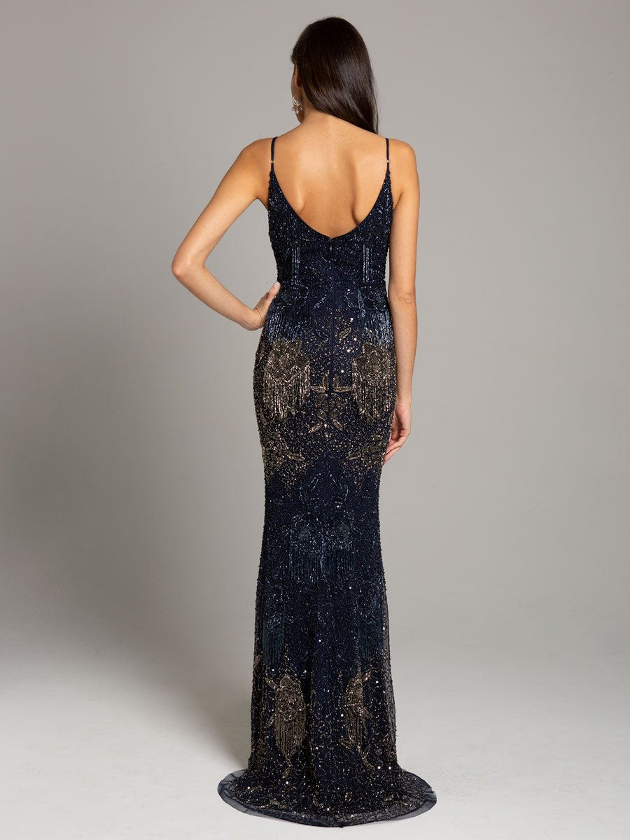 Lara Danika Floral Beaded Sheath Beaded Dress with Beaded Fringe 29892