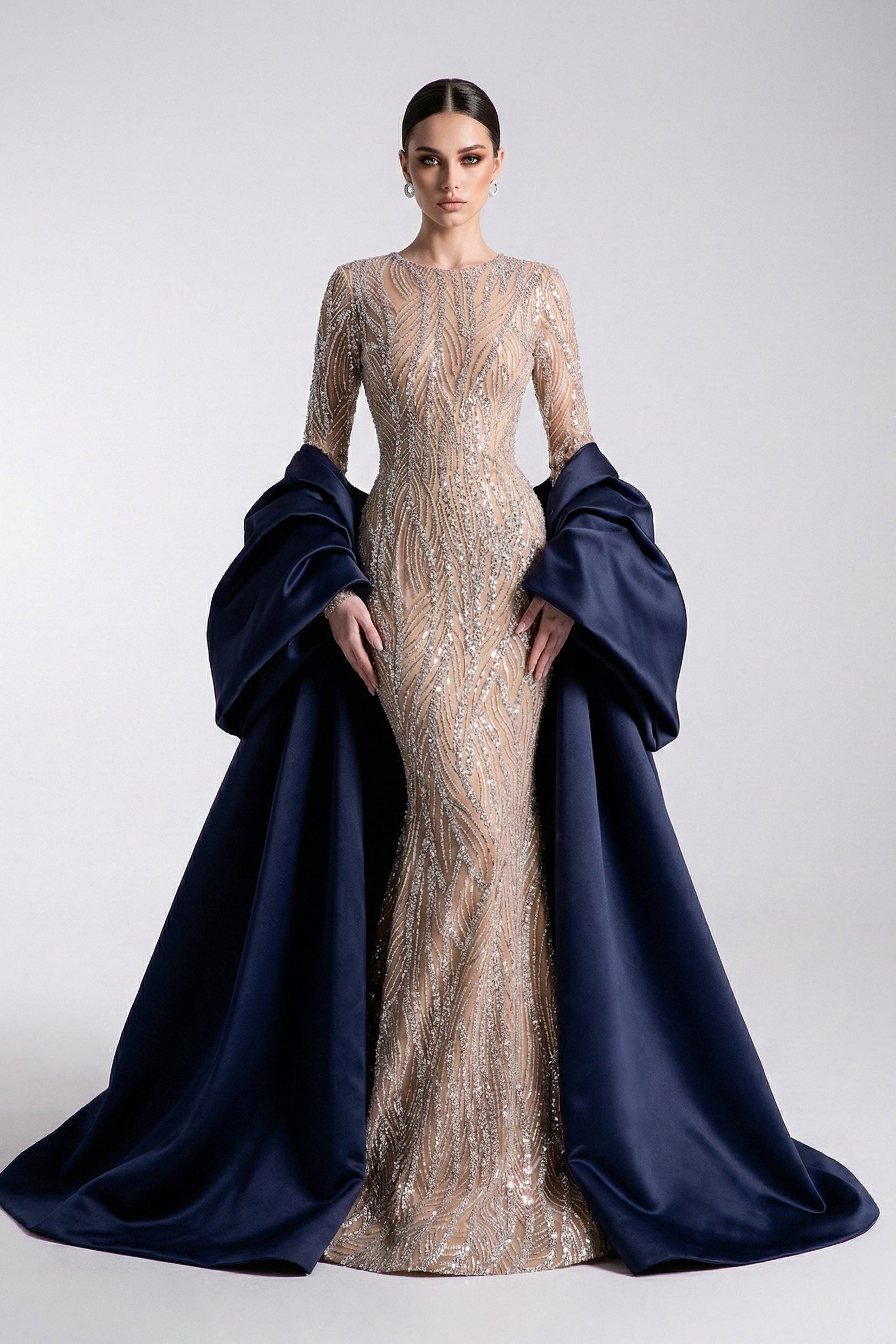 Fouad Sarkis F03004 Navy Blue Satin Embellished Gown