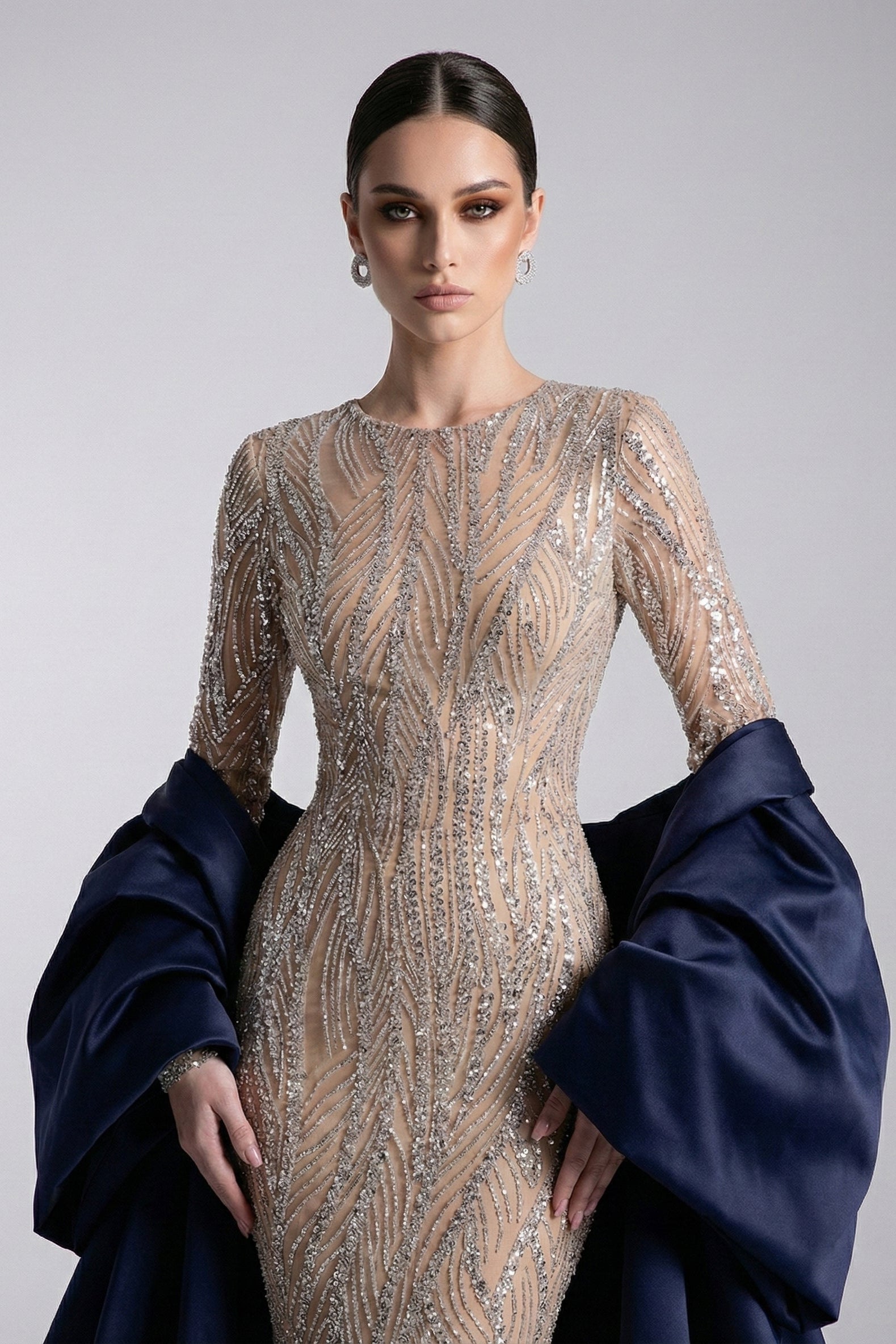 Fouad Sarkis F03004 Navy Blue Satin Embellished Gown