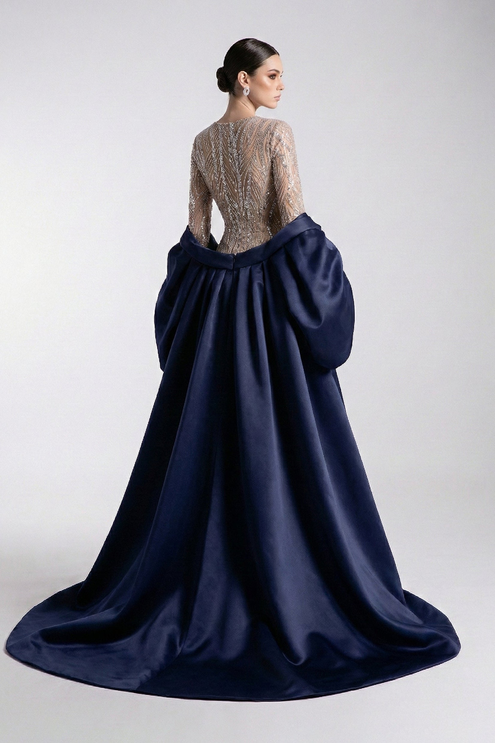 Fouad Sarkis F03004 Navy Blue Satin Embellished Gown
