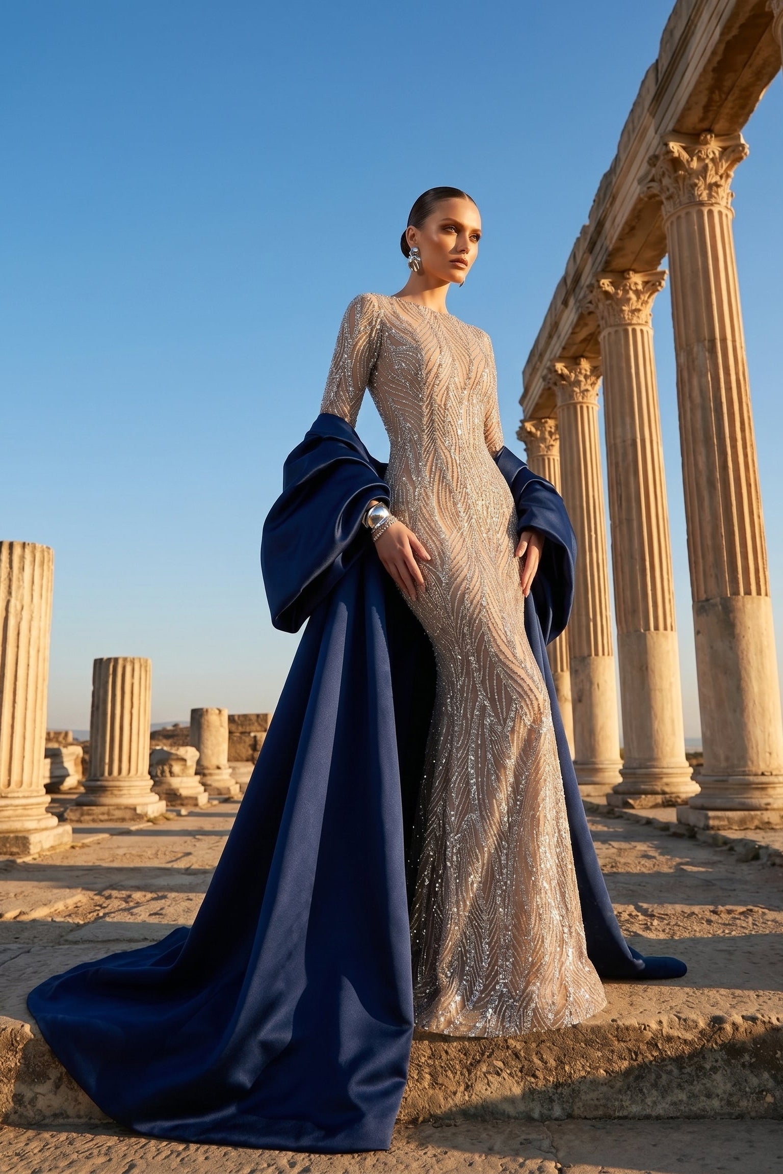 Fouad Sarkis F03004 Navy Blue Satin Embellished Gown