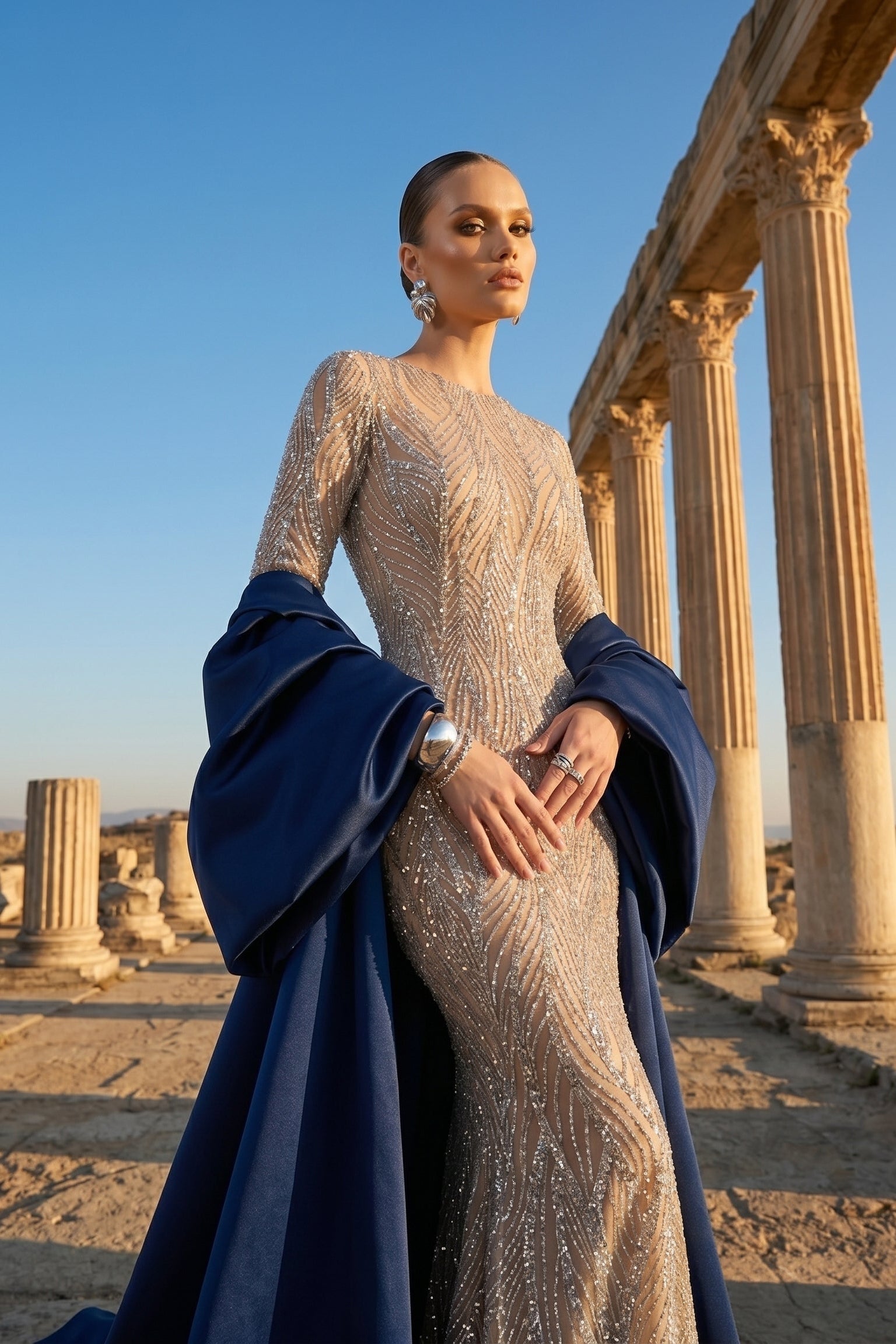 Fouad Sarkis F03004 Navy Blue Satin Embellished Gown