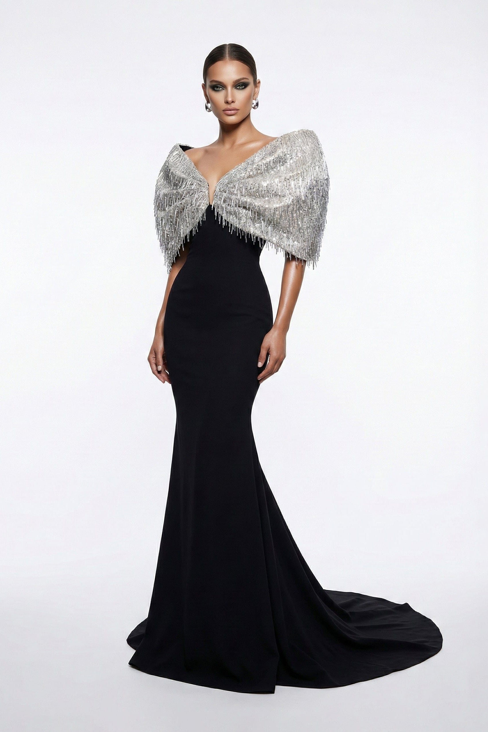 Fouad Sarkis F03012 Embellished Cape Mermaid Gown