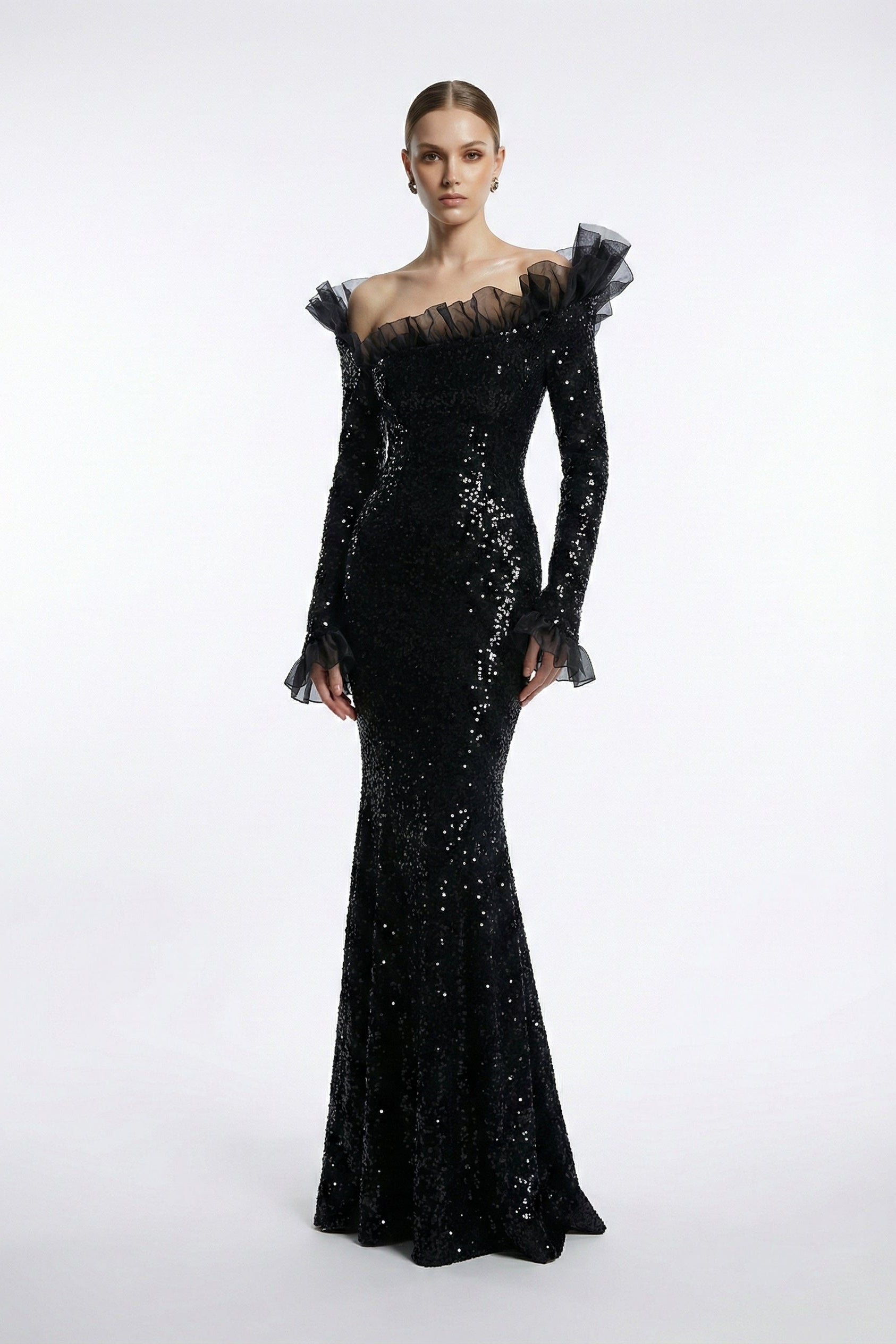 Fouad Sarkis F03014 Sequin Tulle Ruffle Mermaid Gown