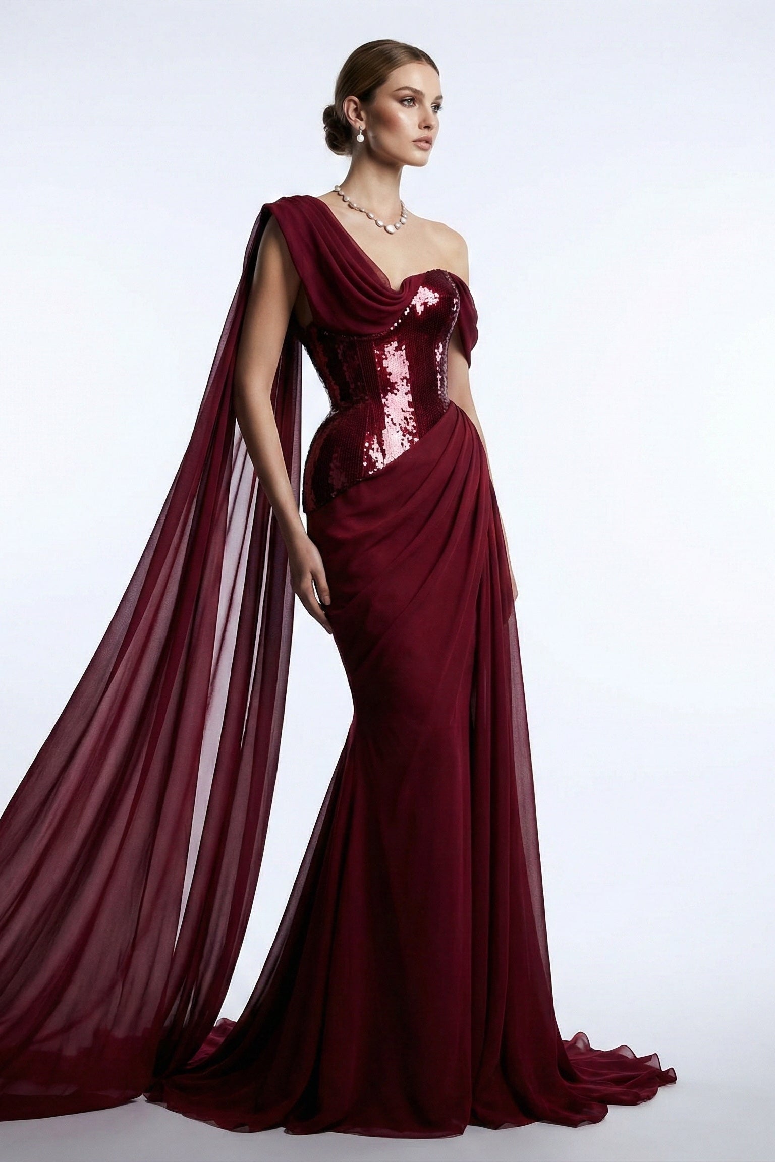 Fouad Sarkis F03017 Burgundy Sequin One-Shoulder Cape Gown