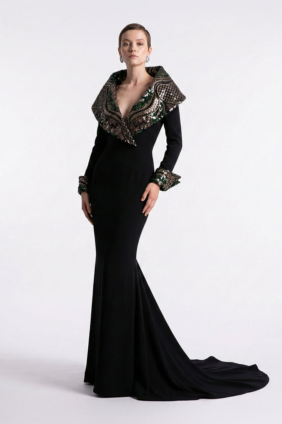 Fouad Sarkis F03019 Black Embellished Collar Gown