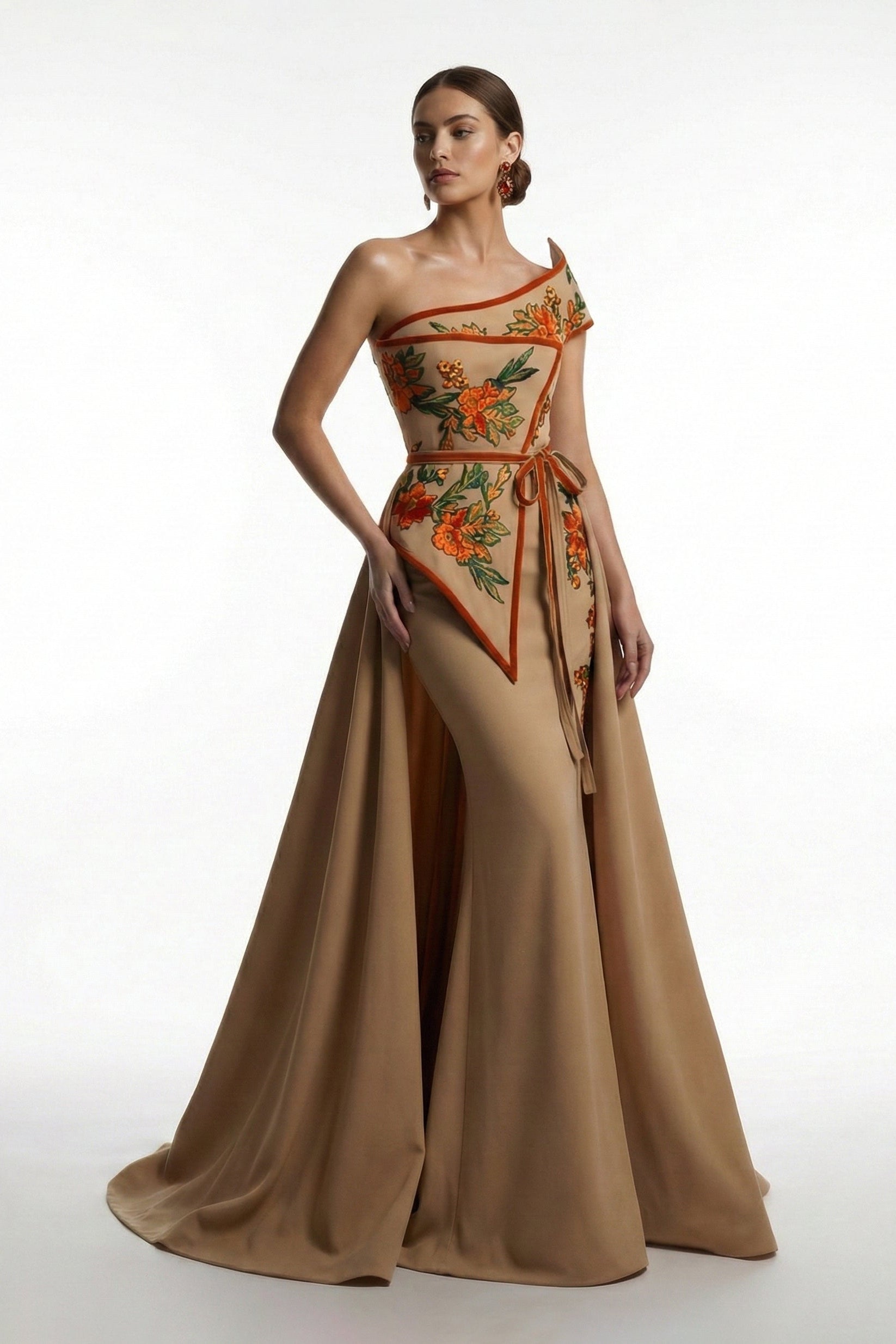 Fouad Sarkis F03023 One-Shoulder Floral Overskirt Gown
