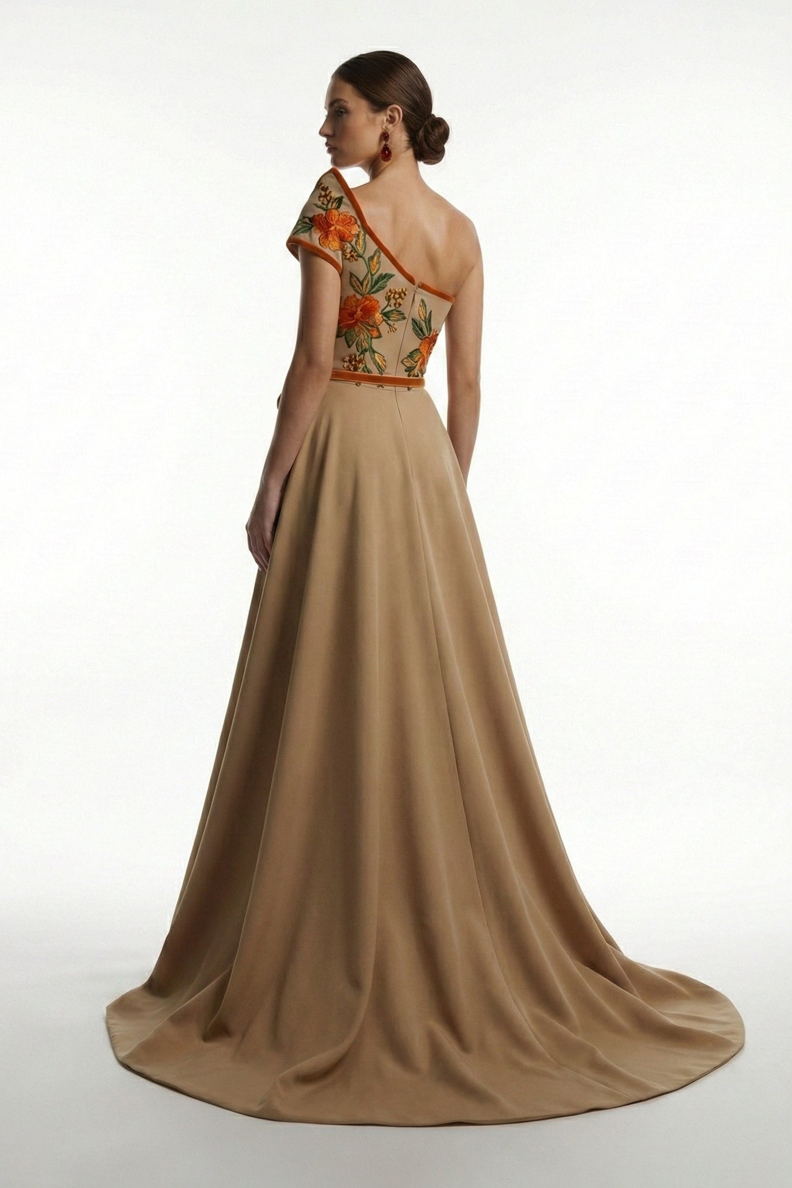 Fouad Sarkis F03023 One-Shoulder Floral Overskirt Gown