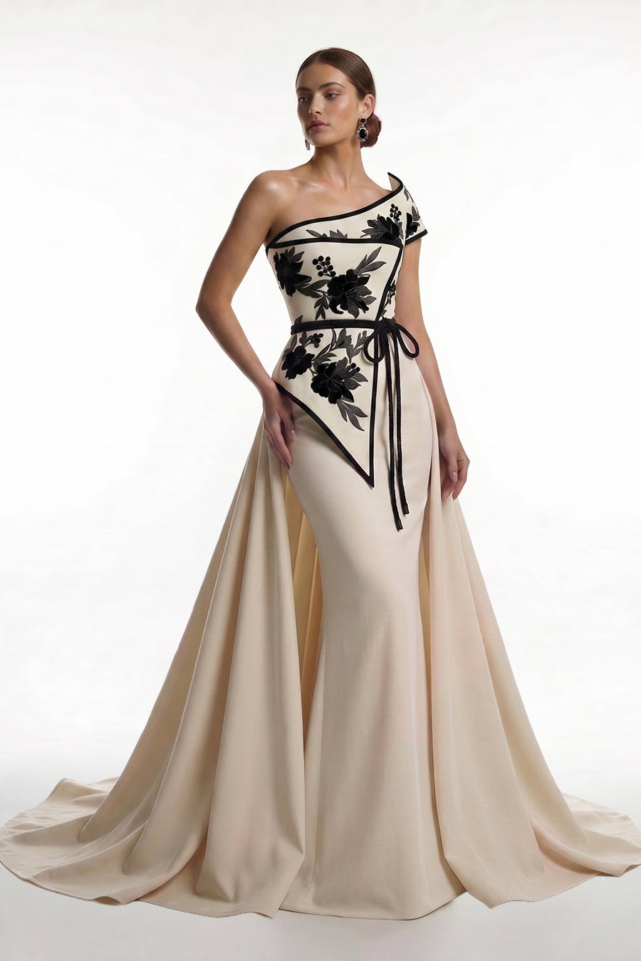 Fouad Sarkis F03023 One-Shoulder Floral Overskirt Gown