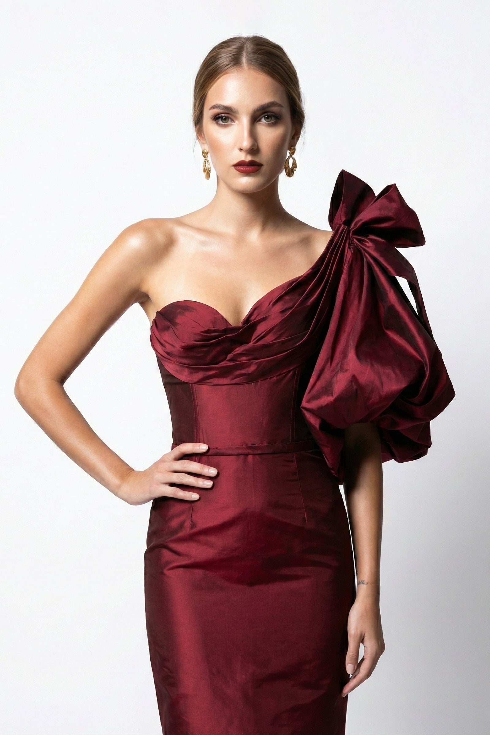 Fouad Sarkis F03025 One-Shoulder Sculptural Draped Gown