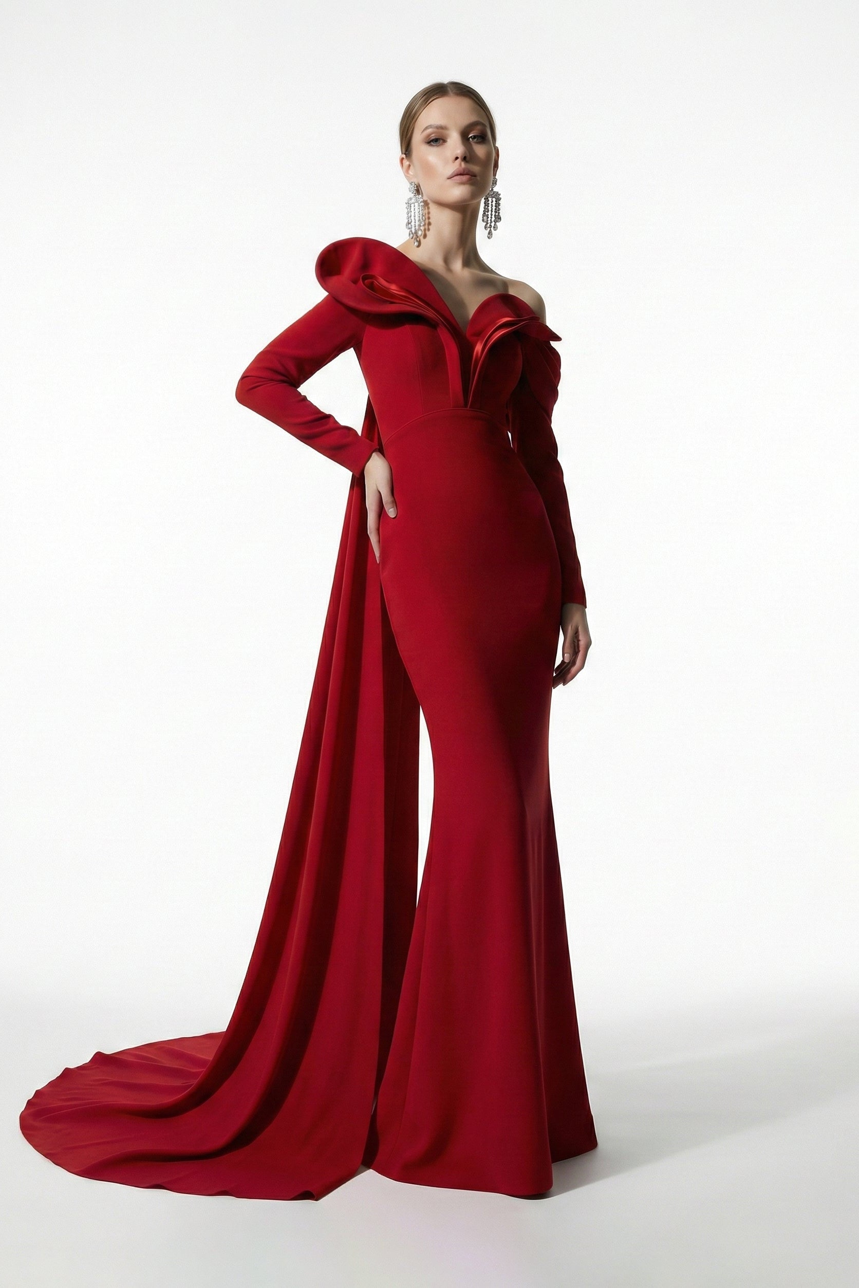 off the shoulder red mermaid dress Fouad Sarkis F03026 Red Mermaid Gown Cape Statement