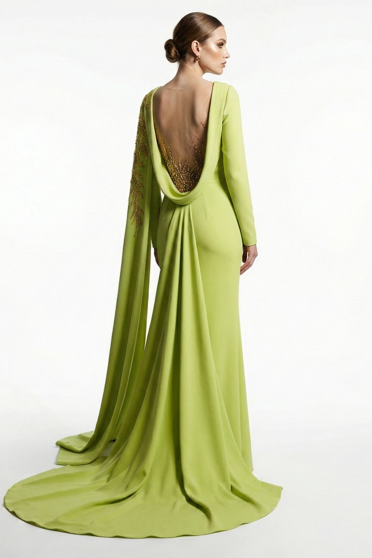 Fouad Sarkis F03027 Green Mermaid Gown with Cape