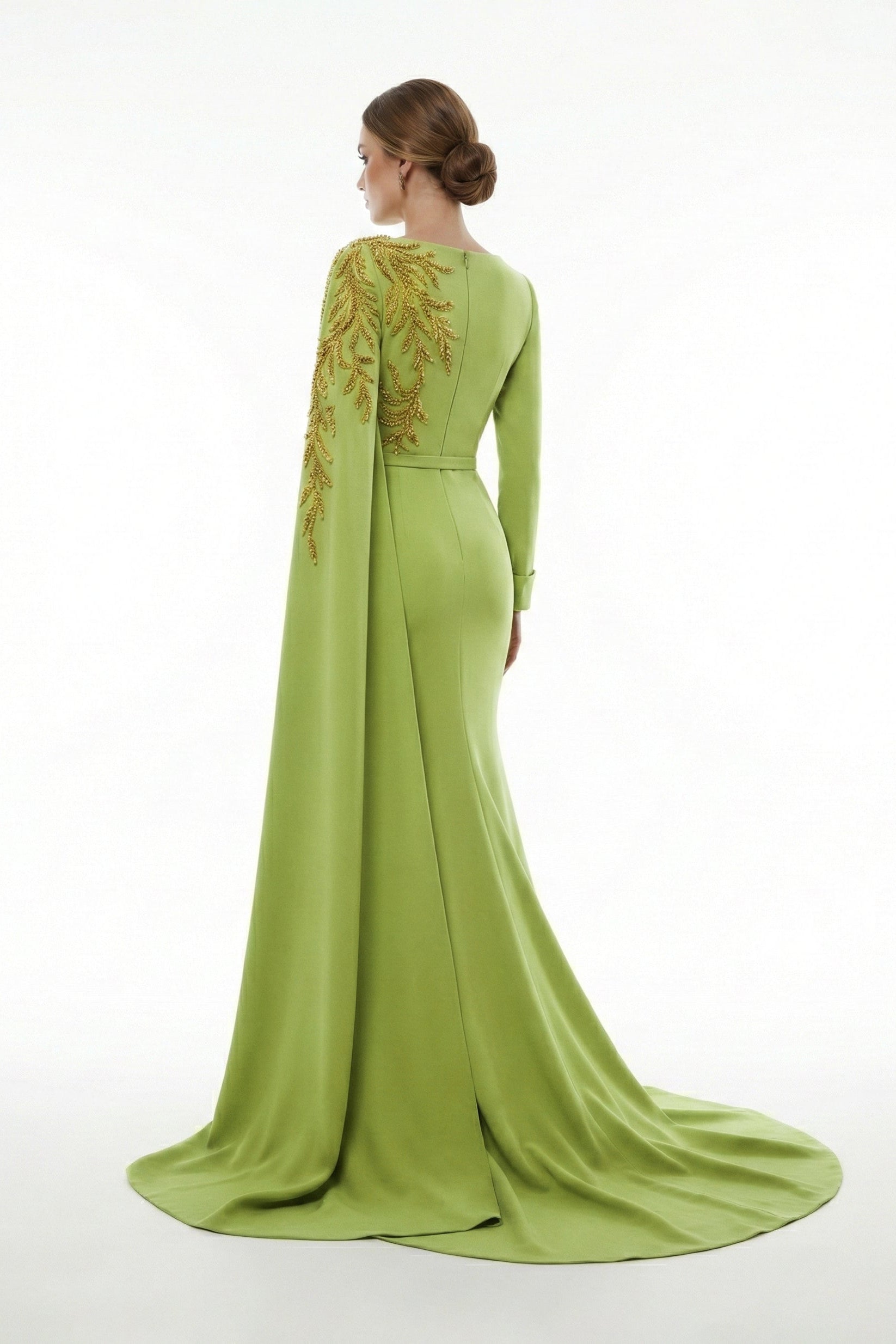 Fouad Sarkis F03027A Green Mermaid Gown Embroidered Cape