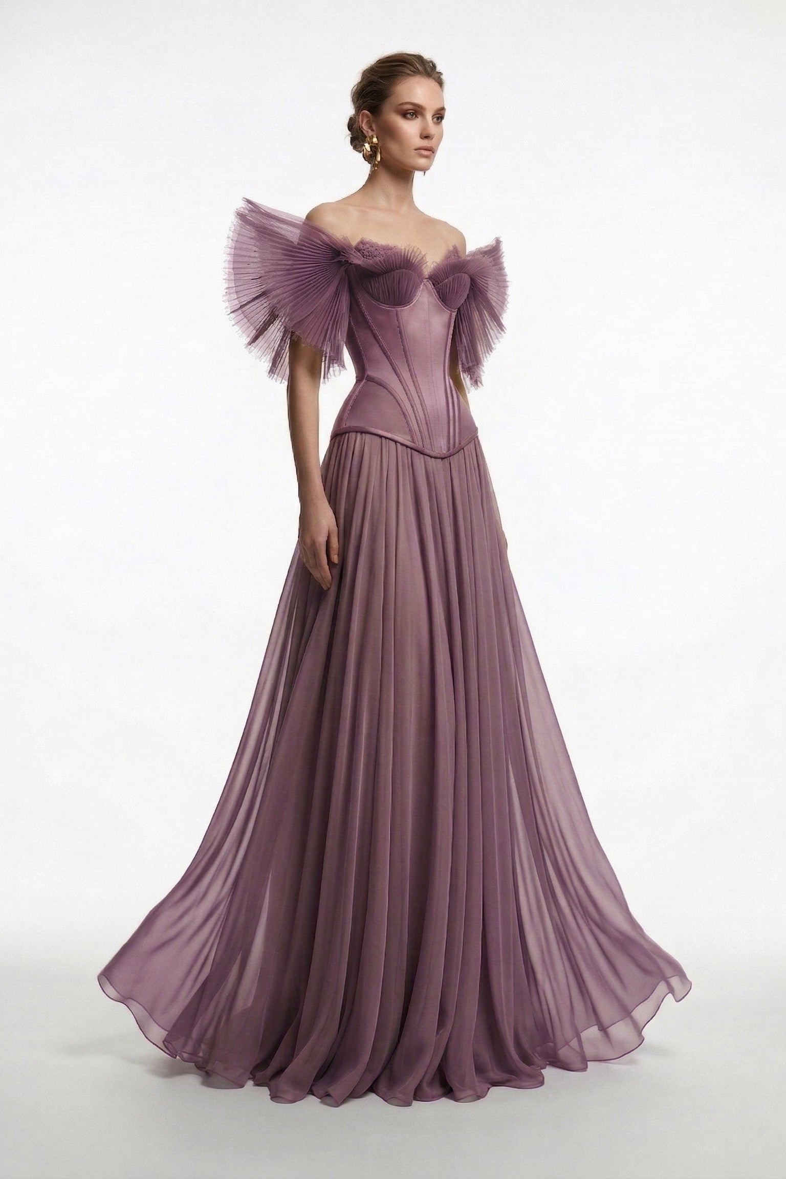 فؤاد سركيس F3040 – فستان سهرة كورسيه من التول بطيات وكتف مكشوف